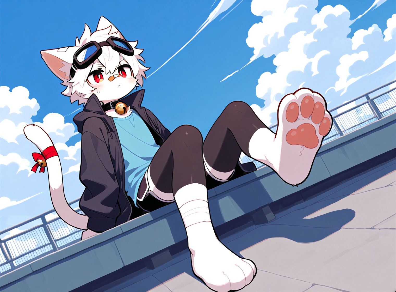 furry,cat boy,1boy,solo,male_focus,(white_hair:0.8),red eyes,[bell on collar,Collar,Cortical collar,Large collar],(blue t-shirt,black_leggings under shorts,black bike_shorts),(barefoot) BREAK dutch angle,vanishing point,sitting on rooftop,(blue sky,cloud,wind),(masterpiece, best quality:1.1),foot focus,goggles on head,bandage on nose,bandage on leg,Tail decoration,cat tail,Open coat,bare,body fur,anthro,