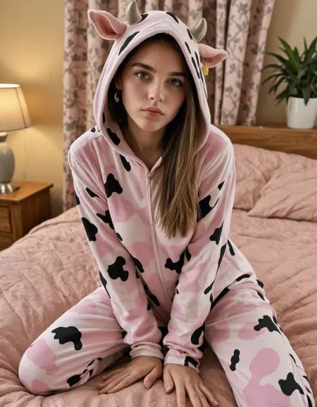 girl, solo, (hair: medium length pastel pink + straight with soft inward tips + side bangs framing face), (eyes: large grayish brown + calm neutral gaze), (expression: relaxed subtle pout), (pose: sitting on knees with body slightly angled forward), medium breast, (clothes: pastel pink cow-pattern onesie with purple spots + hood up with small black and brown cow horns + pink ears + yellow ear tags), (background: cozy feminine bedroom+ wooden furniture + soft fairy lights + patterned curtains + potted plants + warm ambient glow from bedside lamp), soft pastel palette, gentle shading, cozy and cute atmosphere, anime watercolor illustration style