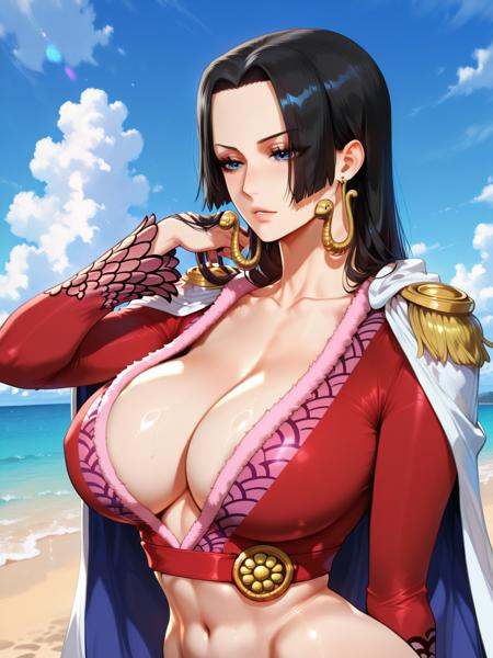 ilboahancock, boa hancock, long hair, jewelry, black hair, earrings, large breasts,1girl, day, blue sky,  sky, thighs, outdoors, facial hair, ocean, beach, cloud <lora:illustrious- boa hancock-1024X1536:1>, upper body, shoulder board