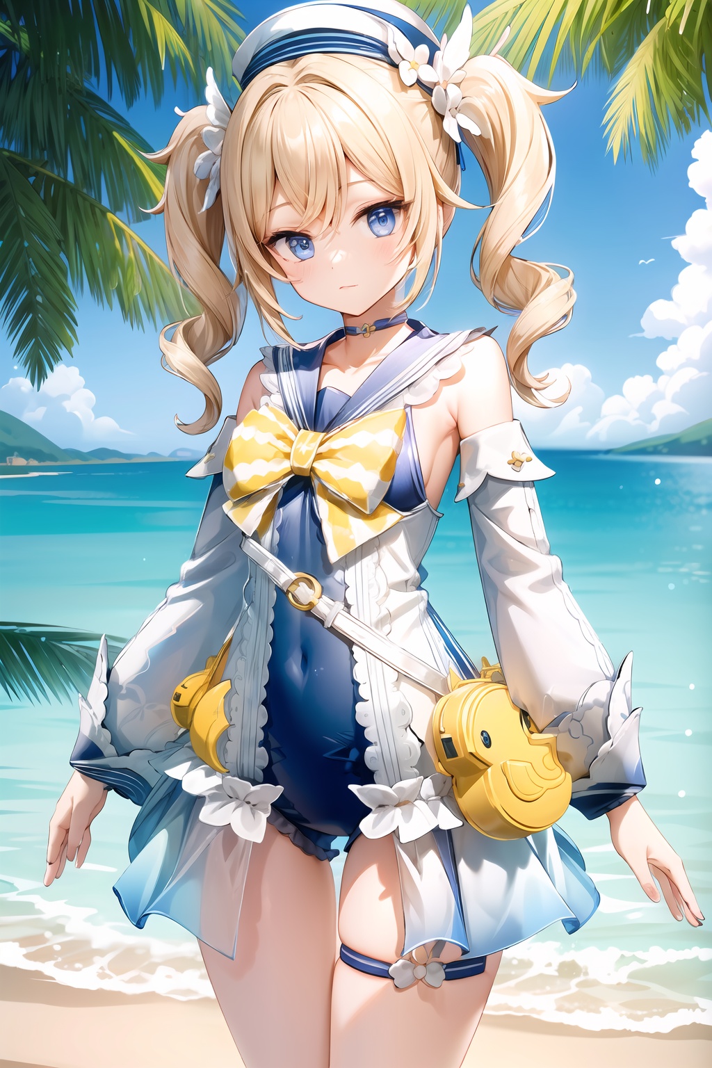 (masterpiece, best quality:1.2),insanely detailed,absurdres,ultra-highres,ultra-detailed,best quality,slender,kawaii,perfect symmetrical face,ultra cute girl,ultra cute face,ultra detailed eyes,ultra cute,ultra beautifu,<lora:barbara-000001:1>,barbara \(summertime sparkle\) \(genshin impact\),barbara \(genshin impact\),1girl,solo,blue eyes,swimsuit,hat,twintails,detached sleeves,official alternate costume,sandals,long sleeves,animal bag,blue choker,blonde hair,bow,blue nails,bare legs,leg garter,one-piece swimsuit,sailor collar,outdoors,standing,