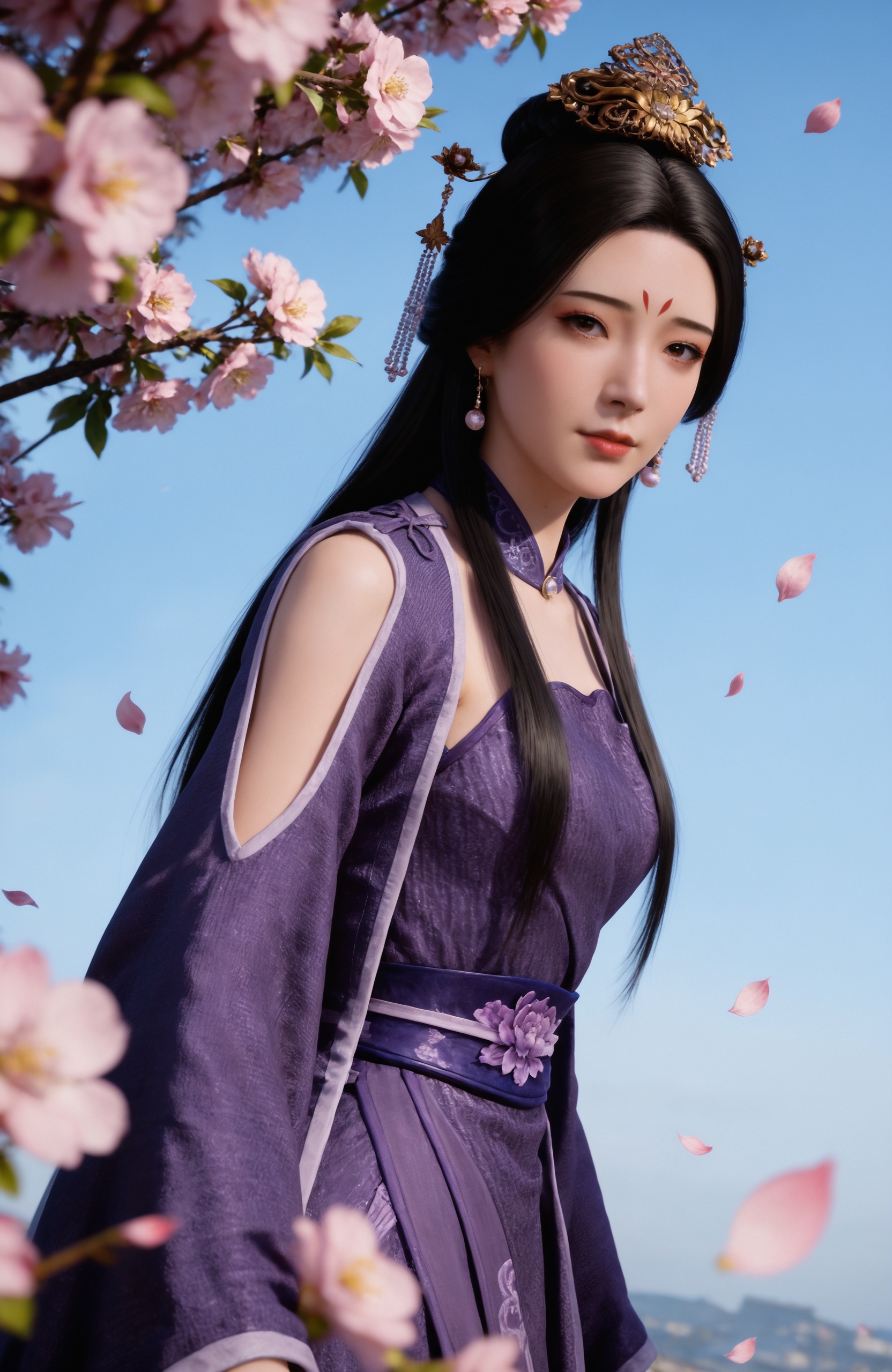 <lora:凡人修仙传-妙音门-周媛Pony:0.7> 1girl, black hair, hair ornament, earrings, long hair, forehead mark,brown eyes,, single hair bun, chinese clothes, purple dress, long sleeves, clothing cutout, dress,sash,white footwear, masterpiece,best quality,amazing quality,very aesthetic,high resolution,ultra-detailed,absurdres,scenery,photorealistic,looking at viewer,moody lighting,peach blossom,falling petals,realistic,photorealistic details,, solo,upper body,looking at viewer,gradient background,gradient,blue background,black background,