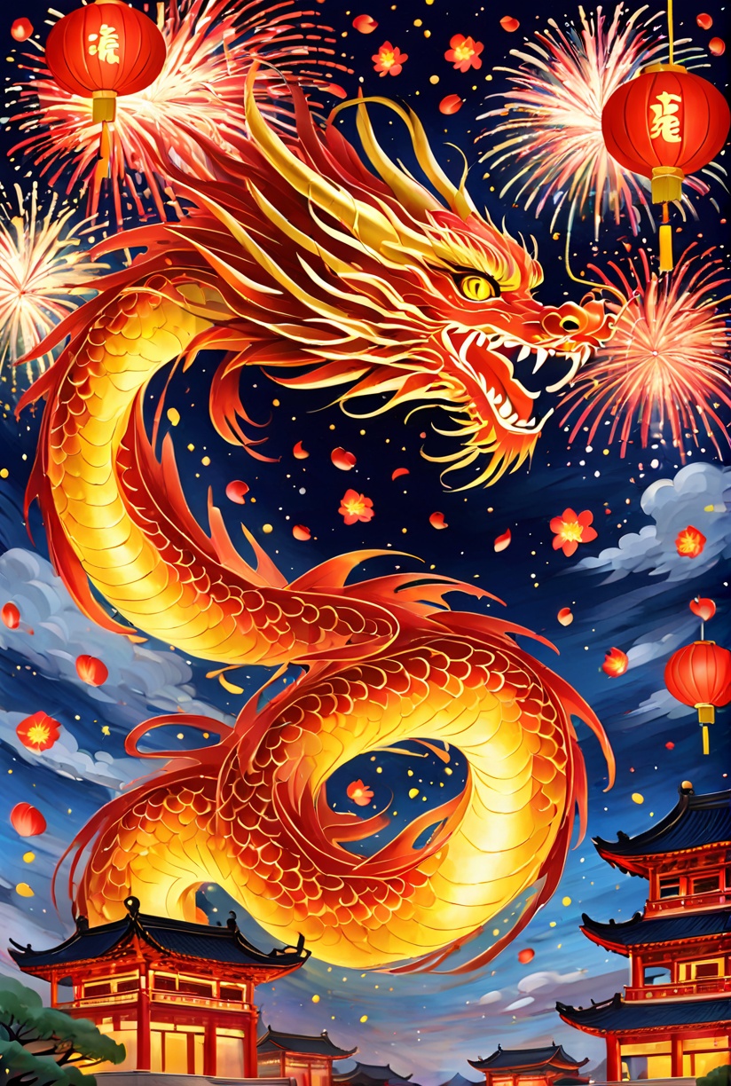 dragon, long, lantern, no humans, paper lantern, east asian architecture, architecture, night, sky, fireworks, eastern dragon, night sky, outdoors, scenery, cloud, petals, leaf, tree, star \(sky\), building, scales, aerial fireworks, yellow eyes a painting of a dragon flying over a building with fireworks in the sky above it and a pagoda in the background <lora:XL_Zlong:0.8>