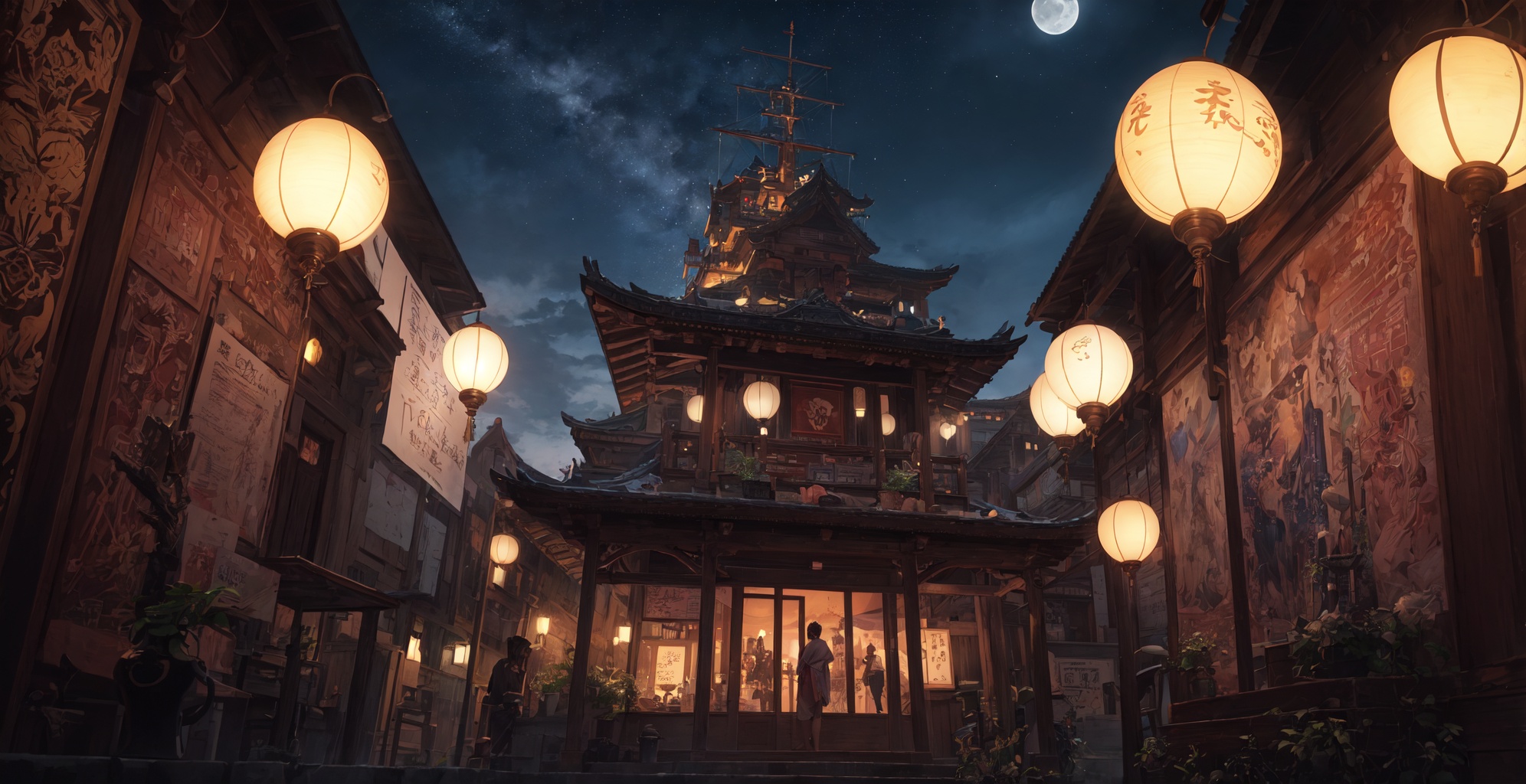 (masterpiece, top quality, best quality, extreme detailed, highest detailed, official art, beautiful and aesthetic:1.2),(masterpiece, top quality, best quality, extreme detailed, highest detailed, official art, beautiful and aesthetic:1.2),(extremely detailed CG unity 8k wallpaper),Night,sea level,(Horizon:1.2),(sea surface:1.2),(Full Moon:1.3),(Mist:0.9),trending on artstation,Intricate,High Detail,dramatic,No one,East Asian Ship,dramatic,art by midjourney,(No mountains.:0.9),Zheng He's Voyages to the West,Chinese wind,Freehand brushwork,Reflective lighting,Kongming Lantern,(East Asian Architecture:0.6),East Asian Shaped Tree,(moonlight illumination:1.1),Stars,There's a huge moon in the sky,<lora:ZGFF_20230624083525:1>,