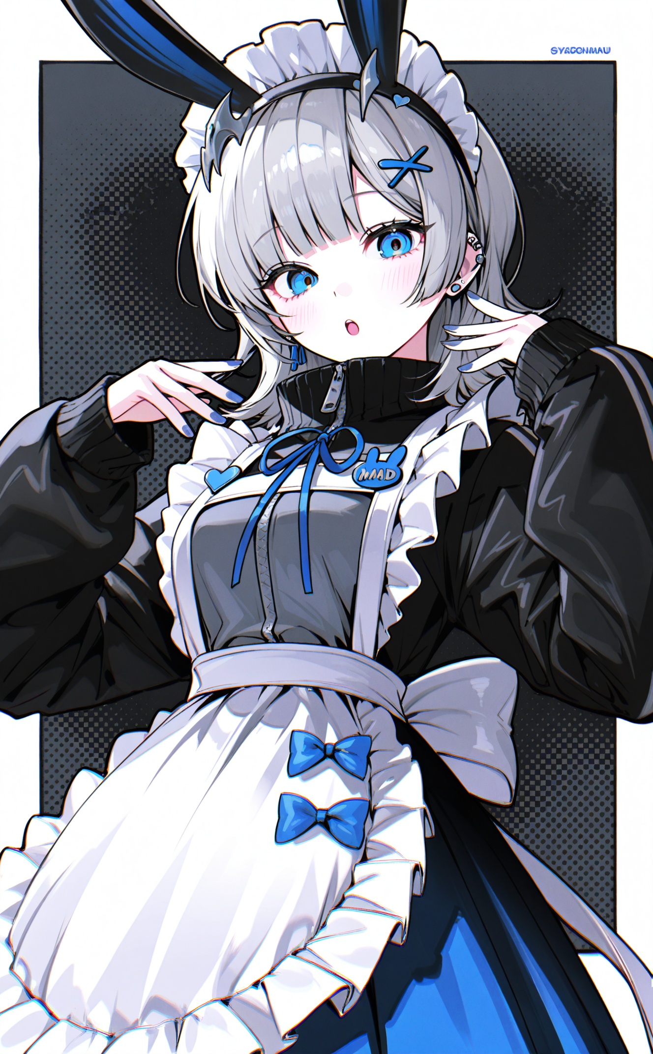 masterpiece,absurdres,best quality,high quality,chromatic_aberration,night,darkness,black theme,photorealistic,high contrast,high saturation//,1girl, solo, polka dot background, blue eyes, maid headdress, looking at viewer, unconventional maid, apron, grey nails, hair ornament, earrings, polka dot, long sleeves, jewelry, maid, open mouth, ribbon, grey hair, zipper, frills, animal ears, piercing, ear piercing, name tag, white apron, :o, maid apron, dress, blue nails, zipper pull tab, white border, medium hair, nail polish, blue ribbon, frilled apron, rabbit ears, cowboy shot, frilled hairband, border, hairband, blush, wing hair ornament, hands up, fish hair ornament, hairclip, bow, grey background, straight-on, blunt bangs, simple background, lolita hairband, white hair, jacket, blue bow, fake animal ears, heart, outside border, grey theme, grey dress, neck ribbon, standing, blue dress, white headdress, white hairband, long hair, grey ribbon, puffy long sleeves, skirt, short hair, puffy sleeves, white background <lora:Alicia 203.1up1344-000032:0.8>