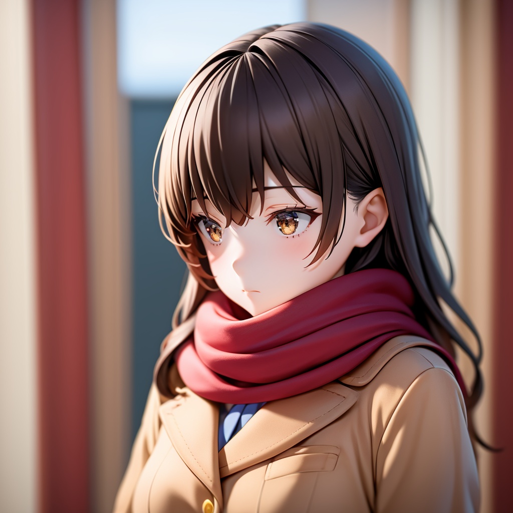 1girl, solo, scarf, long hair, brown hair, blurry, upper body, coat, blurry background, brown eyes, depth of field, red scarf, long sleeves, closed mouth, school uniform