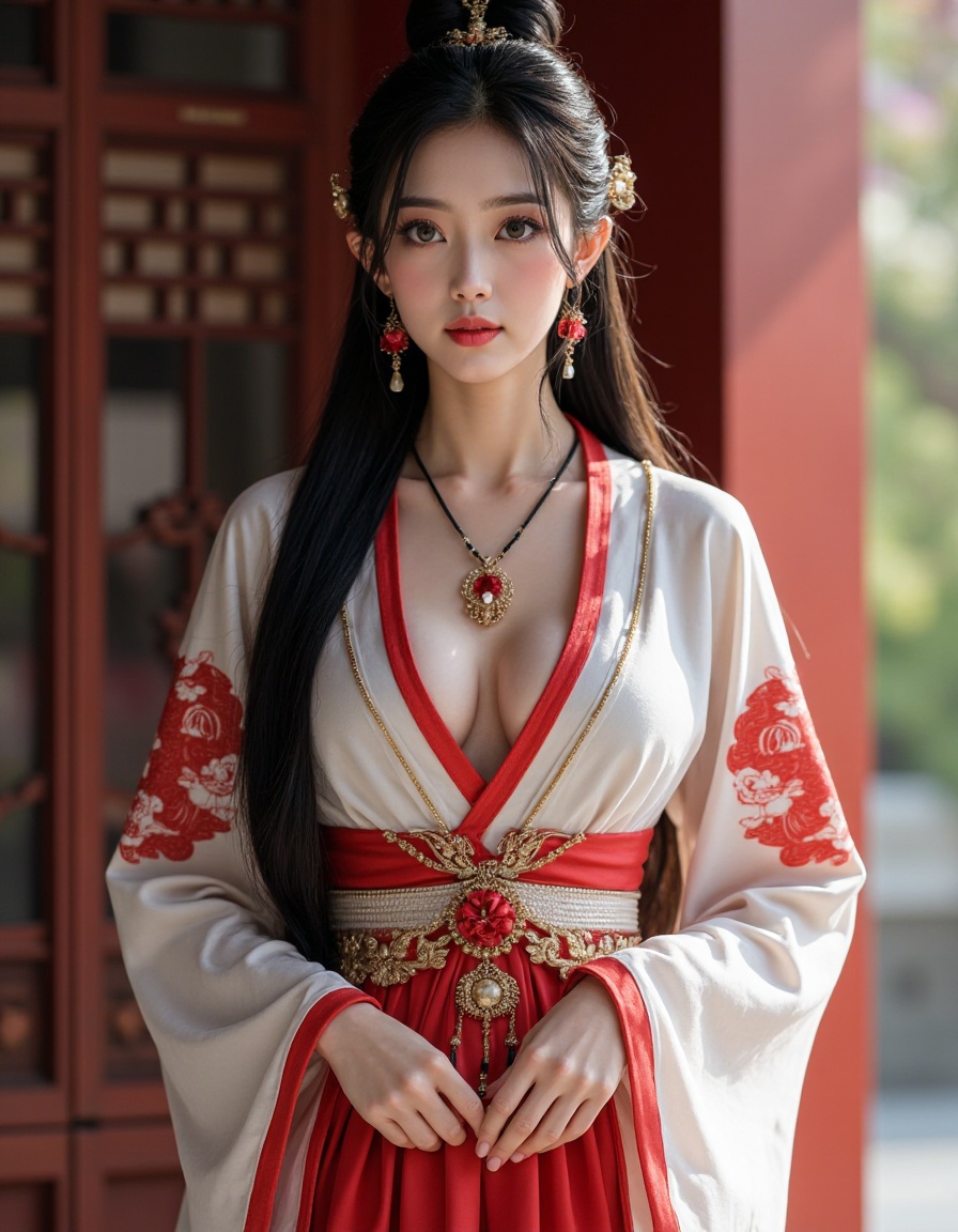 (photorealistic, best quality, ultra high res, extremely detailed eyes and face:1.3),(1girl, solo:1.3),skirt,jewelry,long_hair,necklace,earrings,perfect body,standing,large breasts,looking at viewer,chinese clothes,china dress,hanfu,