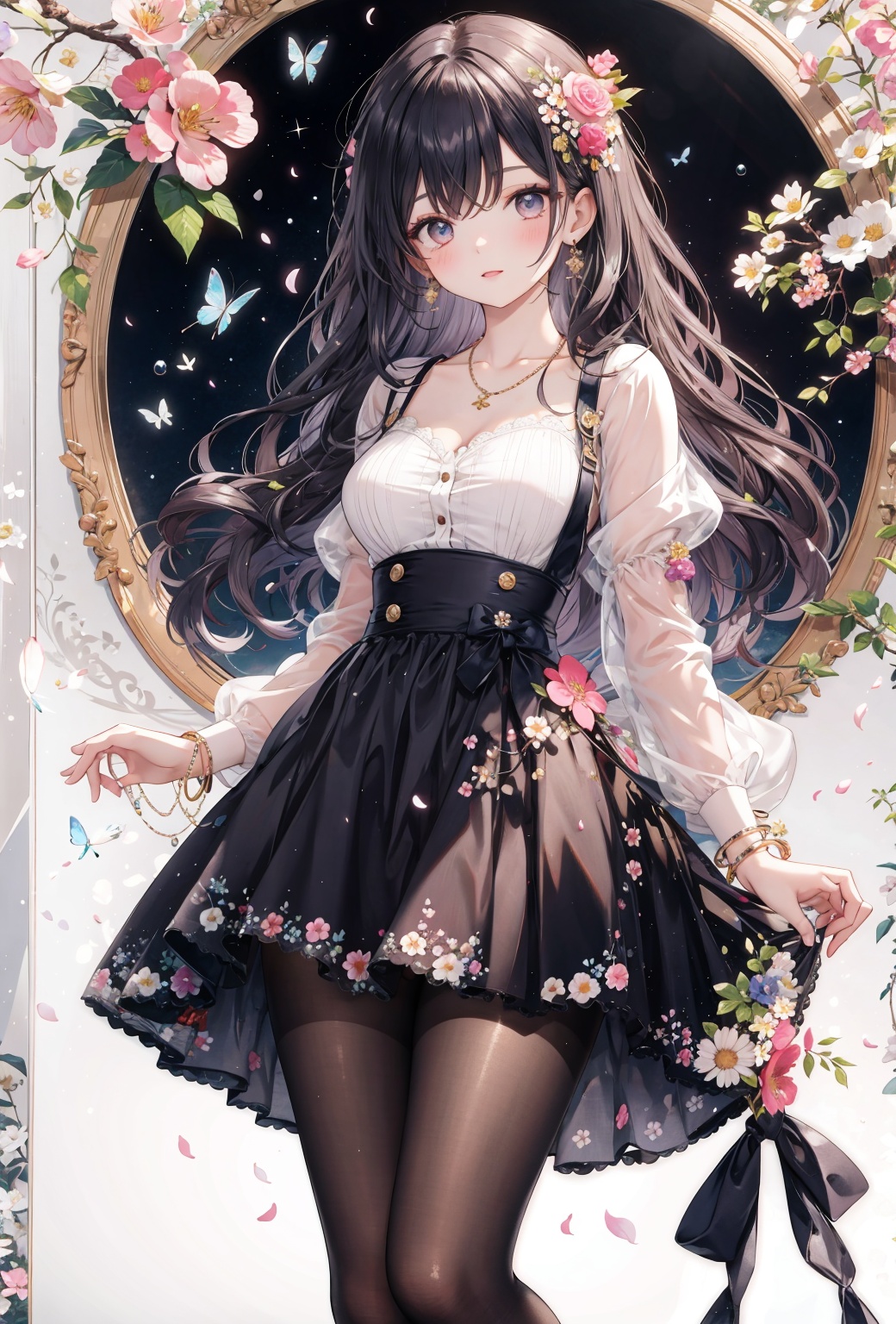 masterpiece,best quality,absurdres,1girl,beautiful detailed girl,fine and beautiful detailed skin,disheveled hair,long hair,high-waist_skirt,midriff,earrings,flower_bracelet,butterfly_hair_ornament,necklace,pantyhose,perky breasts,extremely detailed beautiful background,CG,8K wallpaper,flower,flower_bloom,plum_blossom,branch,cirrocumulus_stratiformis,fantasy,floral_background,foral_background,unbuttoned clothes,ray tracing,reflection light,