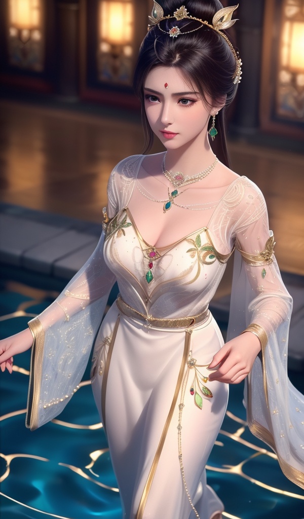 <lora:638-DA-暗河传-白鹤淮-妇人:0.8>(,1girl, ,best quality, ),looking at viewer,  ,ultra detailed background,ultra detailed background,ultra realistic 8k cg,, ,masterpiece,((((1girl, solo,  , solo focus, ,walking on liquid, ))))    (cleavage), (), ,ultra realistic 8k cg,   clean, masterpiece,     cinematic lighting, cinematic bloom, , (( , )),,  , unreal, science fiction, luxury, jewelry, diamond, gold, pearl, gem, sapphire, ruby, emerald, intricate detail, delicate pattern, charming, alluring, seductive, erotic, enchanting, hair ornament, necklace, earrings, bracelet, armlet,see-through sleeves, ,