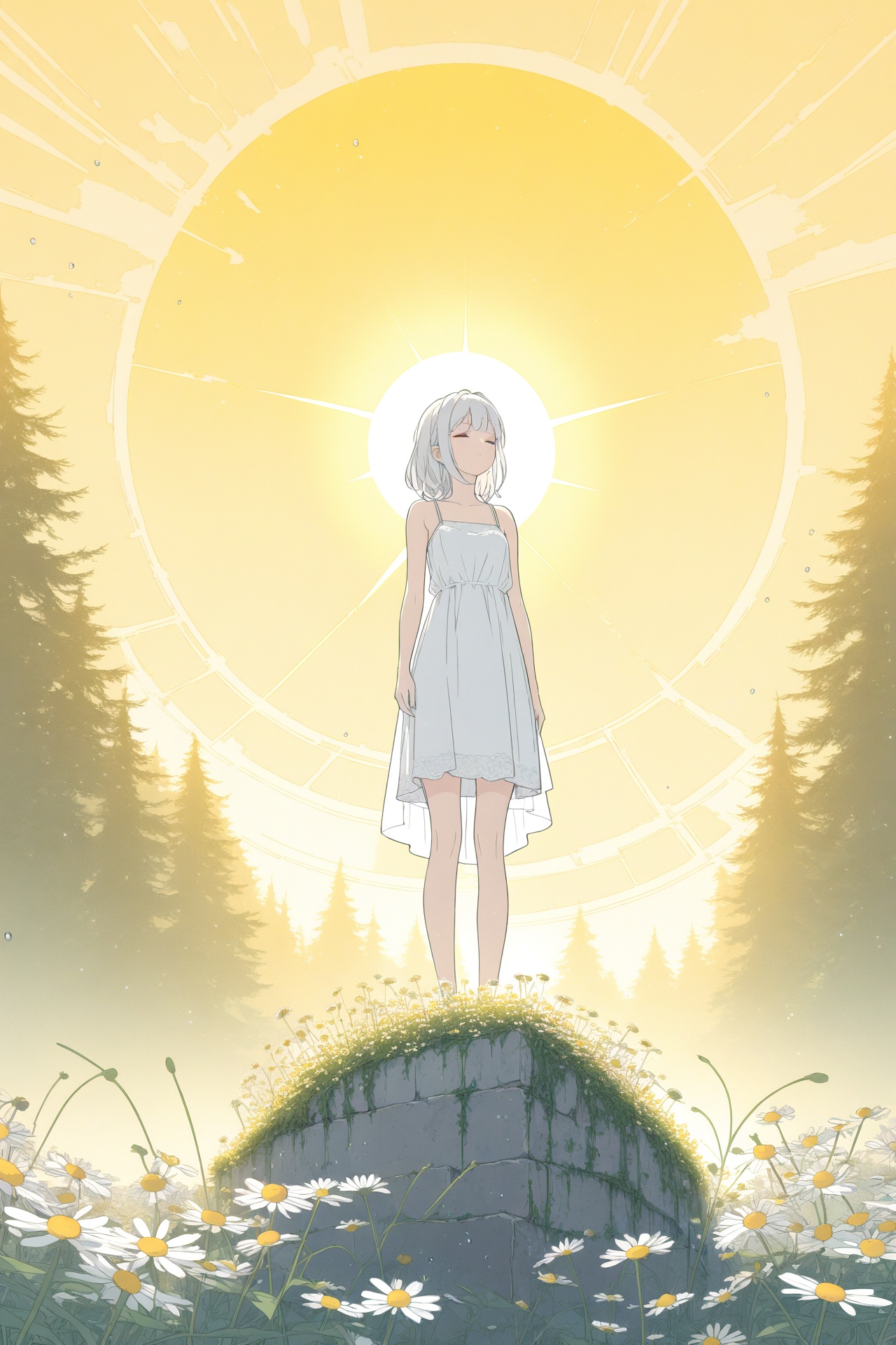 (masterpiece),(best quality),illustration,ultra detailed,hdr,Depth of field,(colorful),yellow theme,the setting sun,Chamomile,Chamomile,cornflower,vines,forest,ruins,lens flare,hdr,Tyndall effect,damp,wet,1girl,bare shoulders,broken glass,broken wall,white hair,white dress,closed mouth,constel lation,flat color,braid,blinking,white robe,float,closed mouth,constel lation,flat color,looking up,standing,medium hair,standing,solo,