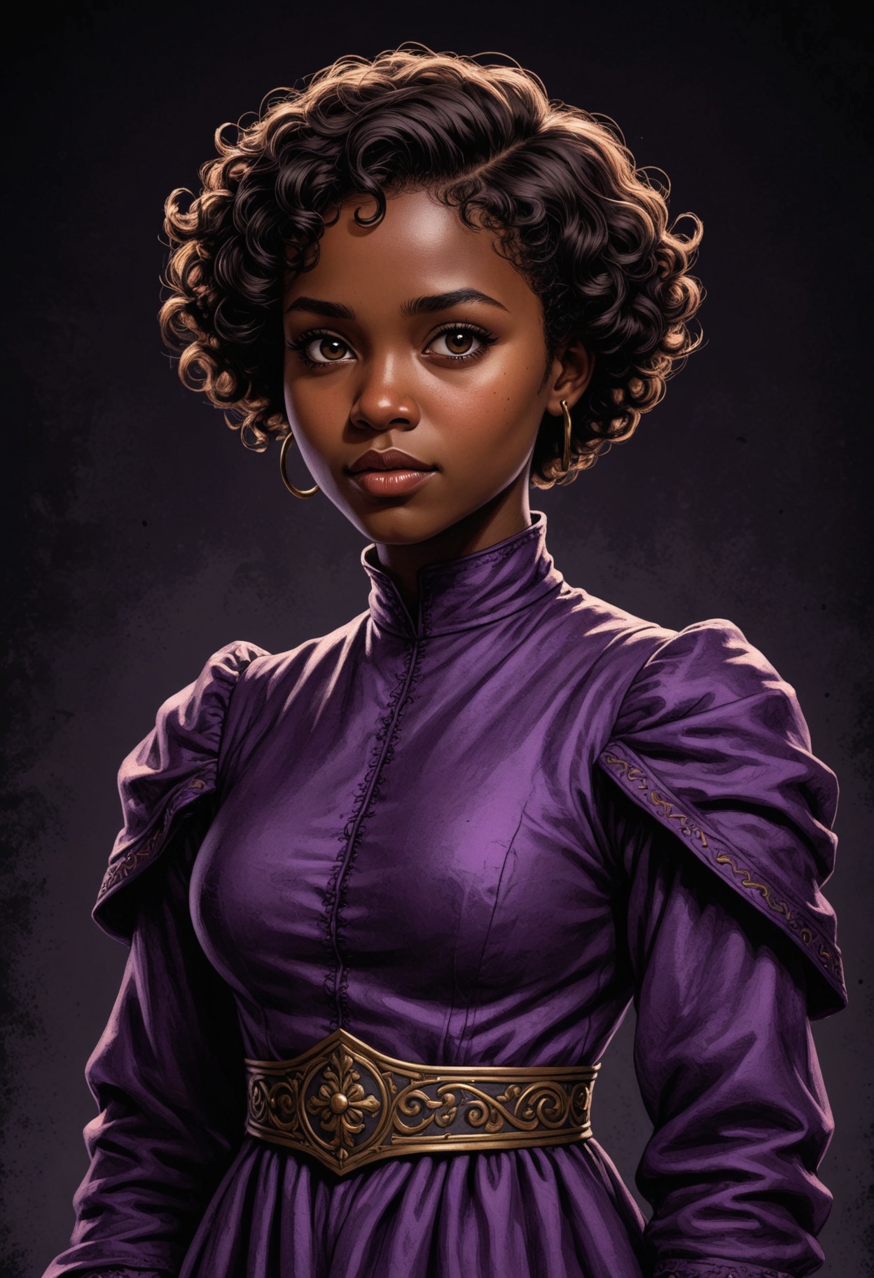 comic drawing,  single panel comic of a fierce cute dark skinned girl with short curly hair,  confident on Tensor.Art