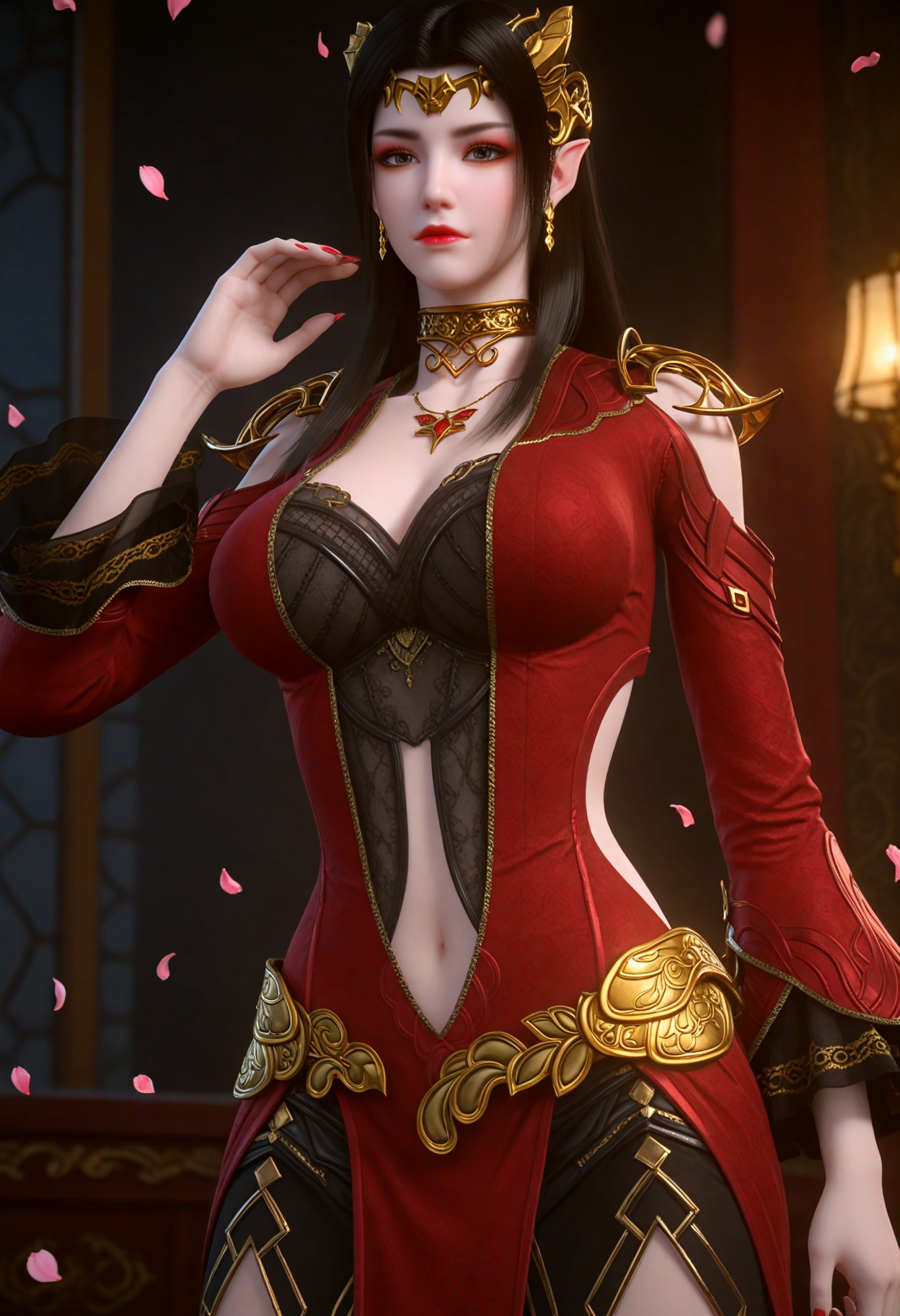 (cowboy shot:1.2),(gigantic breasts:0.6),(slender:1.3),(looking_at_viewer:1.1),(masterpiece:1.1),(best quality:1.2),(intricate details),dim lighting,(smog:1.3),(Dark room:1.3),(dim lighting:1.3),peach blossom,falling petals,<lora:YQ_Illustrious光辉v5_美杜莎_V9:0.8>,q1528437228,solo,1girl,long_hair,black_hair,jewelry,pointy_ears,earrings,necklace,hair_ornament,dress,red_dress,navel,brown_hair,choker,realistic,cleavage,tiara,long_sleeves,clothing_cutout,armor,grey_eyes,black_eyes,skirt,shoulder_armor,eyeshadow,masterpiece,(best quality),(intricate details:0.9) BREAK masterpiece,(best quality),(intricate details:0.9),(realistic skin:1.2),