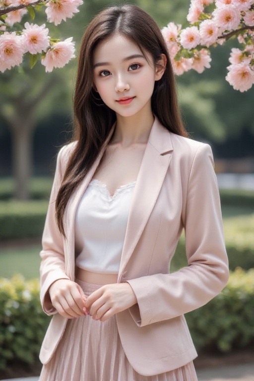 <lora:20250110_Again_Girl_F.1_6:1>,HDR photo, high quality, masterpiece, realistic, photorealistic, ultra high res, highly detailed skin, 1girl, solo, smile, centered shot, from front, face and waist, long hair, look at viewer, cute face, symmetrical body, breasts, perfect anatomy, jacket, pleated skirt, peach blossom, flower petal,