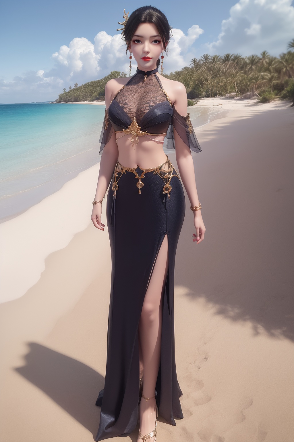 photo_\(medium\),(8k, RAW photo, best_quality),(masterpiece:1.2),(realistic:1.2),(photorealistic:1.3),(ultra-detailed),(extremely_detailed_cg_8k_wallpaper),(crystal_texture_skin:1.3),(shiny:1.2),(shiny_skin:1.4),(extremely_delicate_and_beautiful),shenfengLingLuoChen,1girl,solo,dress,torogao,arabian clothes,chinese clothes,breasts,hair bun,bare shoulders,choker,crop top,skirt,standing,see-through,jewelry,hair ornament,earrings,red lips,realistic,looking at viewer,high heels,Summer,Beach,Sea,sunshine,<lora:shenfengLuLaoBan_20240519223355-000006:0.7>,