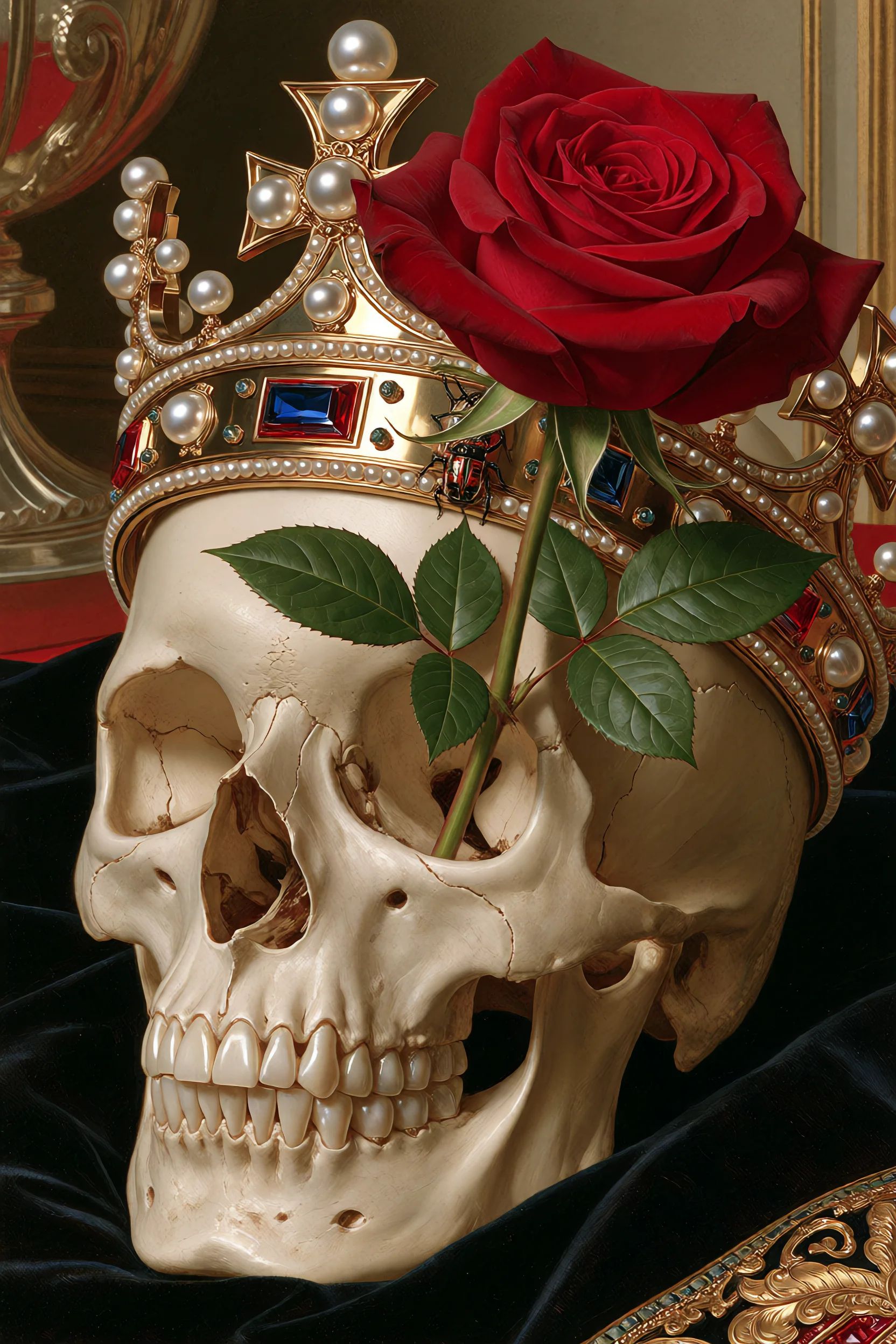 sacredmenag,  human skull wearing an extravagant gold crown encrusted with pearls,  a single deep red rose growing upward...