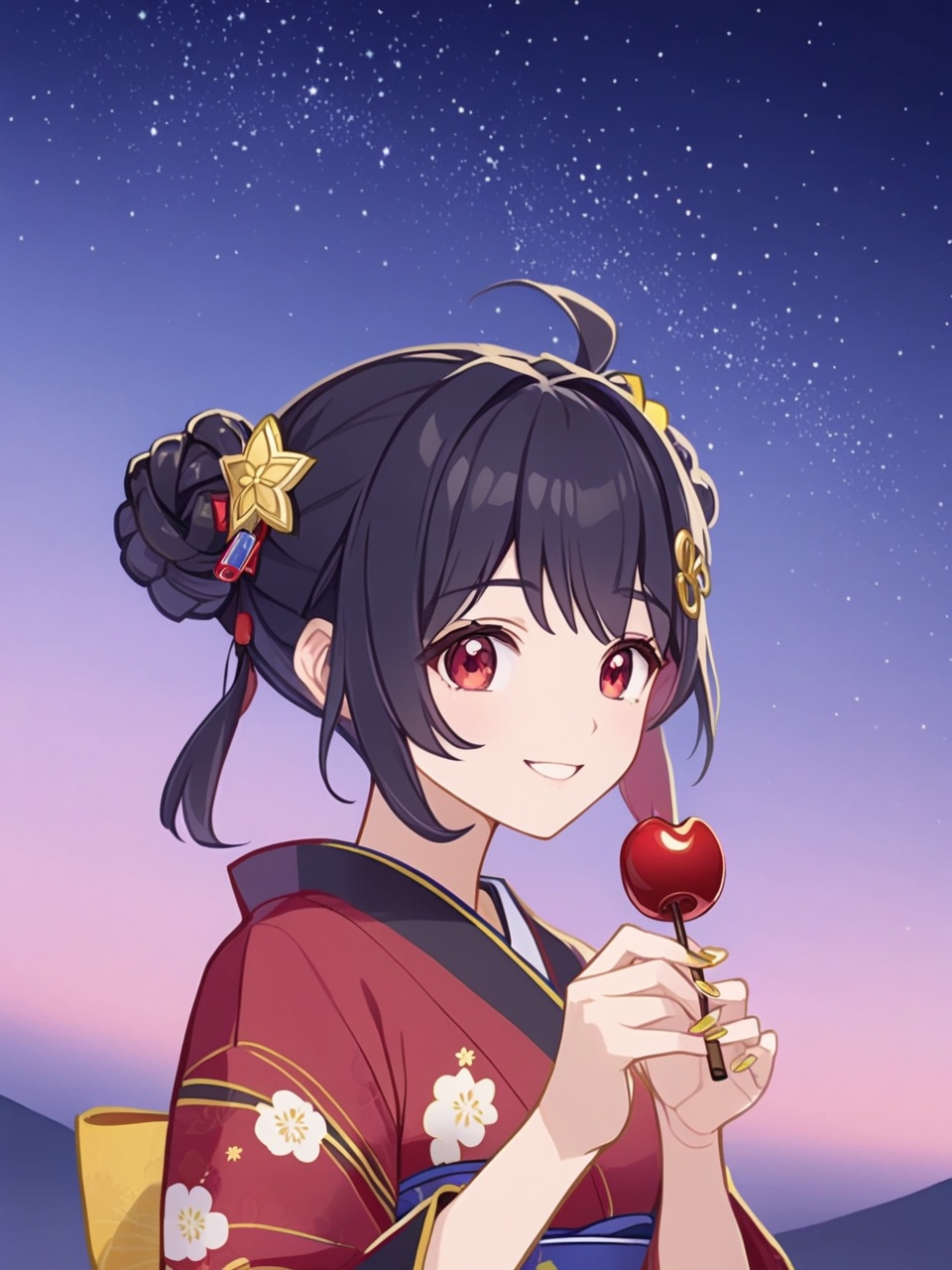 masterpiece,best quality,Amazing,(1girl),🖐️,extremely detailed CG unity 8k wallpaper,illustration,finely detail,Depth offield,(beautiful detailed girl),beautiful detailed glow,(golden ratio),(beautiful detailed eyes),(beautiful detailed face),(beautiful detailed calf),beautiful detailed hands,aiming at viewer,(highres),small breasts,very long hair,disheveled black hair,(beautiful detailed clothes),(( bright red eyes)),long bangs,hairs between eyes,smile,solo,kimono,japanese_clothes,double_bun,hair_ornament,yukata,nail_polish,obi,hairclip,braid,holding candy_apple,firework,lighting,beautiful detailed sky,star sky,gcg,<lora:gcg.xl-low-lr:0.7>,