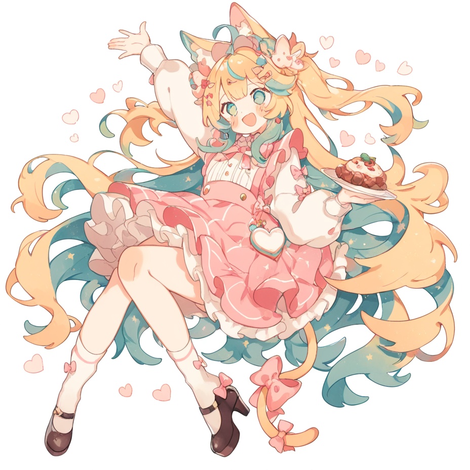 masterpiece, best quality ,1girl, arm up, blonde hair, blue hair, blush, bow,  dress, food, full body, green hair, hair ornament, high heels, jenlen01, long hair, mismatched legwear, open mouth, pink bow,  skirt, smile, socks, solo, tail bow, very long hair, white background, white shirt, white socks, detail eyes,    <lora:ShangCanglin01-000003:0.8>