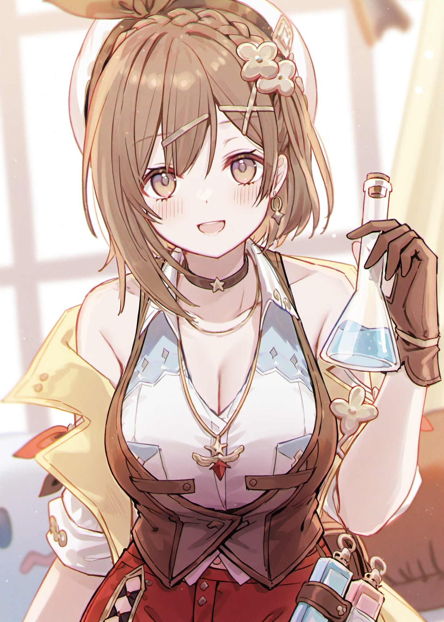 masterpiece,absurdres,best quality,petite,high quality,//,1girl,breasts,cleavage,reisalin_stout,brown_hair,jewelry,gloves,red_shorts,shorts,solo,hair_ornament,earrings,collared_shirt,choker,brown_eyes,necklace,shirt,brown_vest,vest,brown_gloves,braid,hat,looking_at_viewer,large_breasts,holding,white_headwear,white_shirt,blush,beret,smile,x_hair_ornament,open_mouth,star_\(symbol\),sleeveless,short_hair,short_shorts,star_earrings,collarbone,star_choker,black_choker,hairclip,crown_braid,pocket,breast_pocket,bare_shoulders,ribbon,sleeveless_jacket,blurry,flask,//,<lora:梅原生umehara_sei ——【CKXL】hans:0.8>,