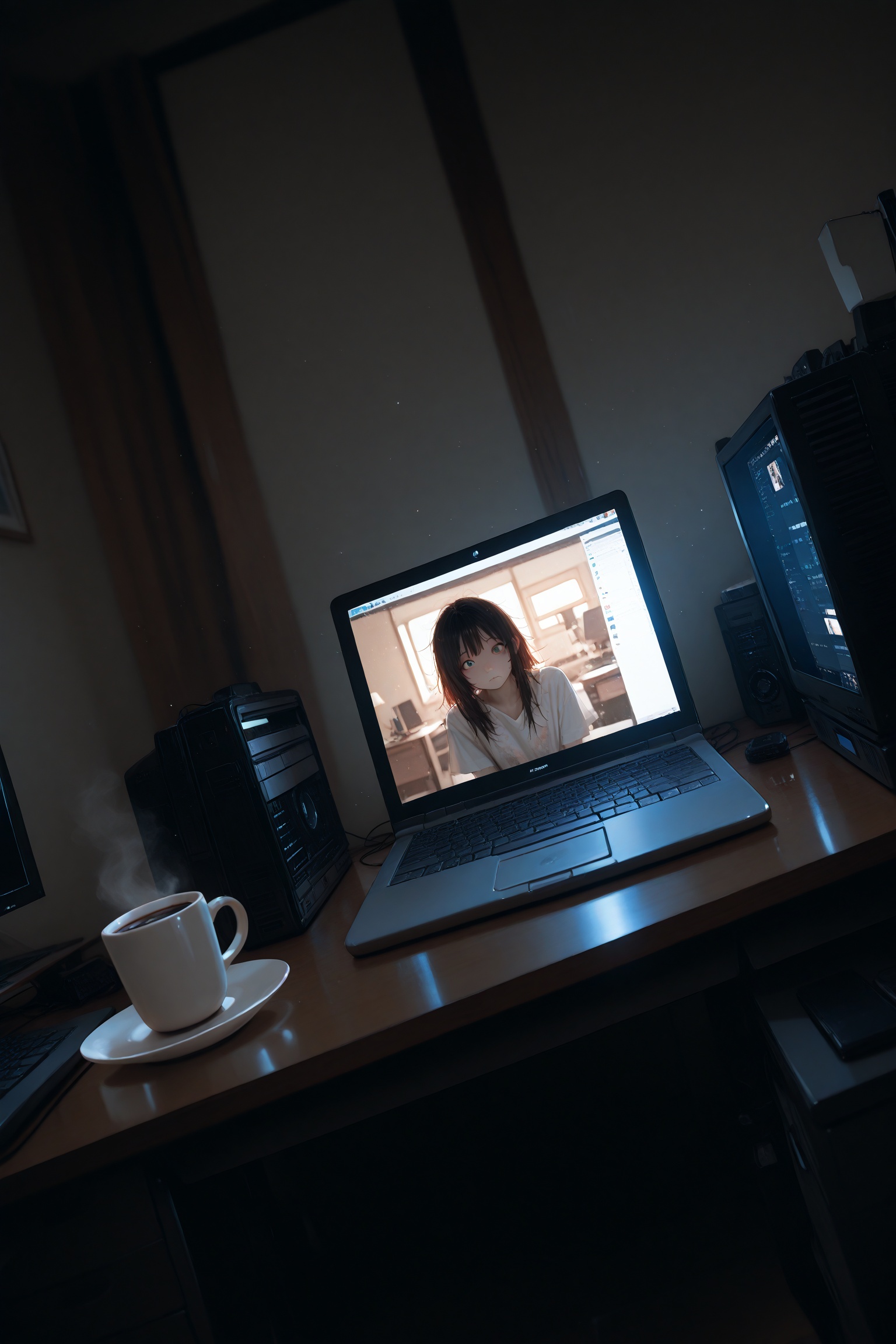 masterpiece,best quality,amazing quality,very aesthetic,absurdres,newest,extreme aesthetic,in the style of fashion photography,light particles,cinematic lighting,Visual impact,sharp focus,Emotionalization,depth of field,dutch angle,scenery,very messy scene,bedroom,computer desk,laptop,coffee,