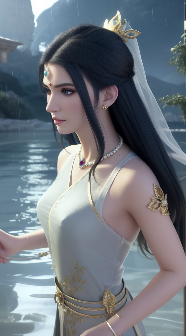 (,1girl, ,best quality, ),looking at viewer, <lora:387-DA-永生-莫师姐:0.8> ,ultra detailed background,ultra detailed background,ultra realistic 8k cg,, ,masterpiece,((((1girl, solo,  , solo focus, ,walking on liquid, ))))    (()), (), ,ultra realistic 8k cg, flawless, clean, masterpiece, professional artwork, famous artwork, cinematic lighting, cinematic bloom, , (( , )),, dreamlike, unreal, science fiction, luxury, jewelry, diamond, gold, pearl, gem, sapphire, ruby, emerald, intricate detail, delicate pattern, charming, alluring, seductive, erotic, enchanting, hair ornament, necklace, earrings, bracelet, armlet,, , 1girl, , partially_submerged, long_hair, rain, solo, , caustics, ocean