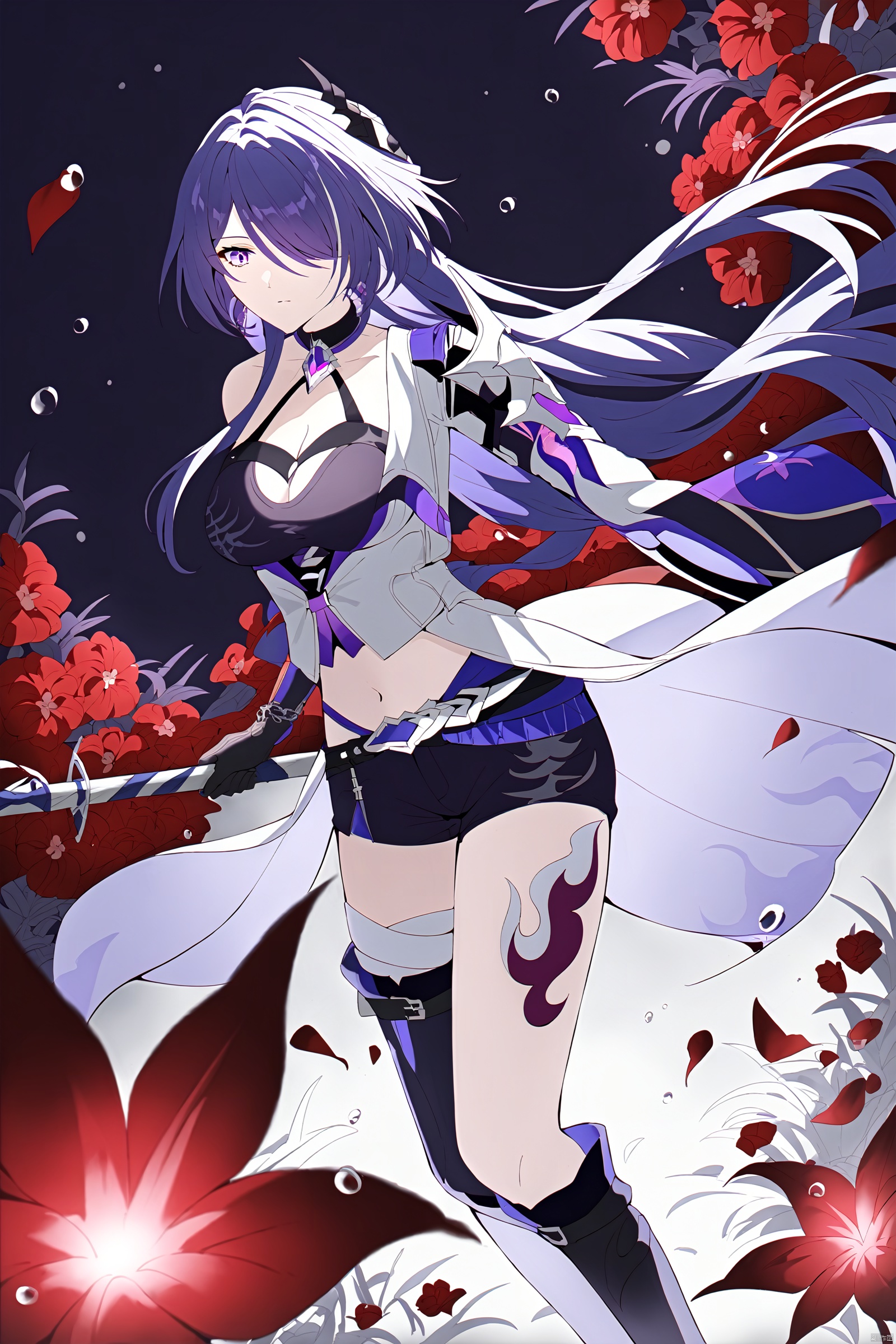 ((best quality)),((masterpiece)),((ultra-detailed)),(illustration),(detailed light),(an extremely delicate and beautiful),\\\\\\\\\\1girl ,fighting,Fighting girl, detailed eyes, holding taichi, flying blood droplets, but all, dim background, Equinox flower, Equinox flower field, black and white environment, red flowers,\\\\\\\////////////////////////// hquan,def clothe,1girl,long hair,purple eyes,shorts,purple hair,hair over one eye,breasts,boots,black gloves,cleavage,raiden mei,navel,tattoo<lora:EMS-313056-EMS:0.800000>