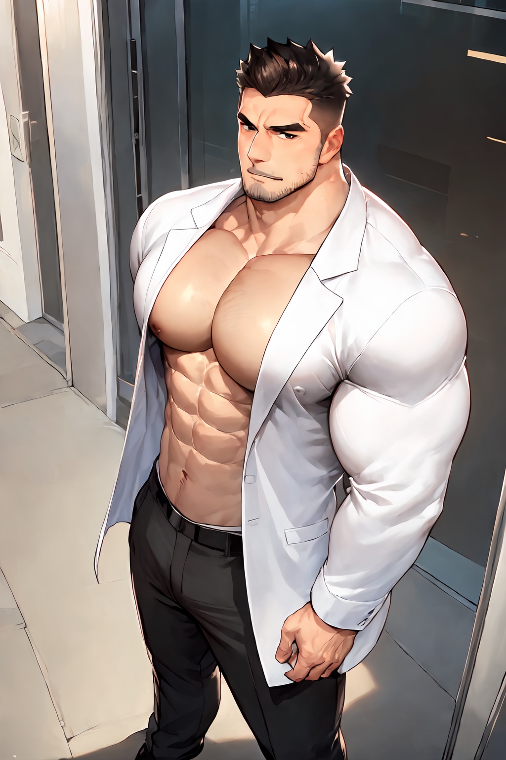 pectorals,solo,bara,male focus,large pectorals,necktie,muscular male,1boy,muscular,facial hair,blush,between pectorals,salaryman,shirt,short hair,black hair,thick eyebrows,pants,looking at viewer,formal,jacket,stubble,open clothes,belt,suit,sideburns,mature male,black pants,cityscape,white shirt,window,bare pectorals,open shirt,collared shirt,goatee,<lora:lora-000004.by_tusi:1>,