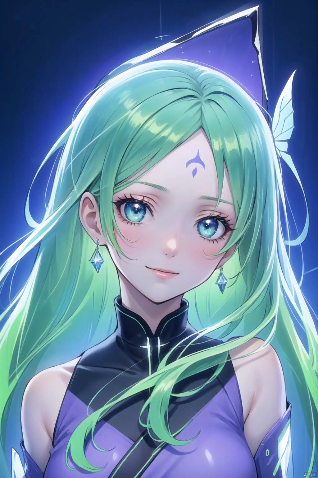 Upper body,  gradient hair,  Crystal butterfly headwear,  forehead mark,  colored eyelashes,  Forehead Immortal Mark, aqua eyes,  crystal earrings,  light smile,  Surrealism,  Verism,  Hyperrealism,  chiaroscuro,  close-up,  8k,  super detail,  UHD,  masterpiece,  super detail,  1girl,  backlight,  Light-electricstyle, Purple lightning surrounds.,<lora:EMS-253082-EMS:0.000000>,<lora:EMS-257251-EMS:0.000000>,<lora:EMS-262422-EMS:0.300000>,<lora:EMS-256166-EMS:0.800000>,<lora:EMS-260520-EMS:0.100000>