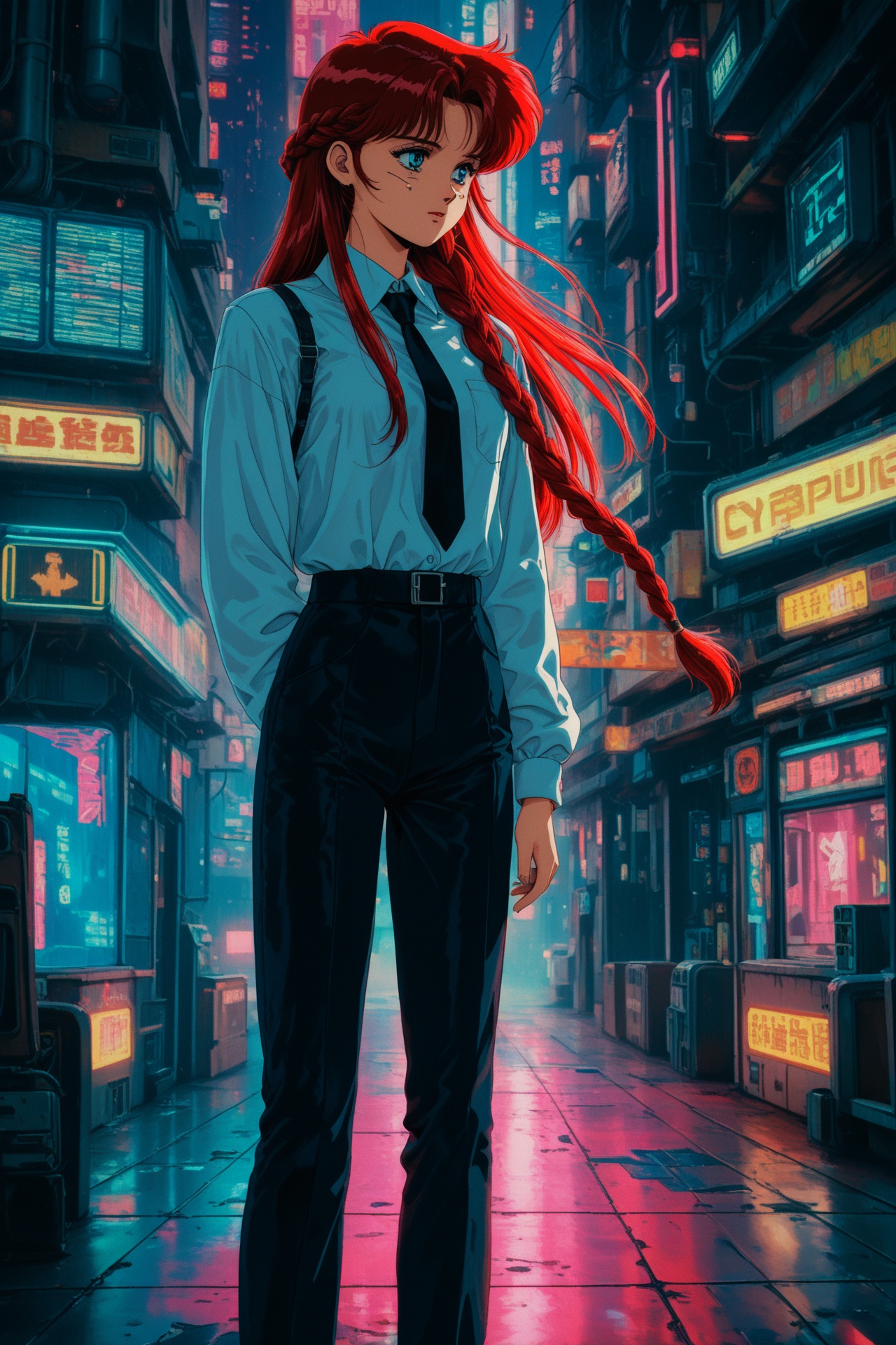 red hair,long hair,braid,white collared shirt,black necktie,black pants,1girl,solo,alone,retro_artstyle,retro,cyberpunk,standing,cyberpunk city background,