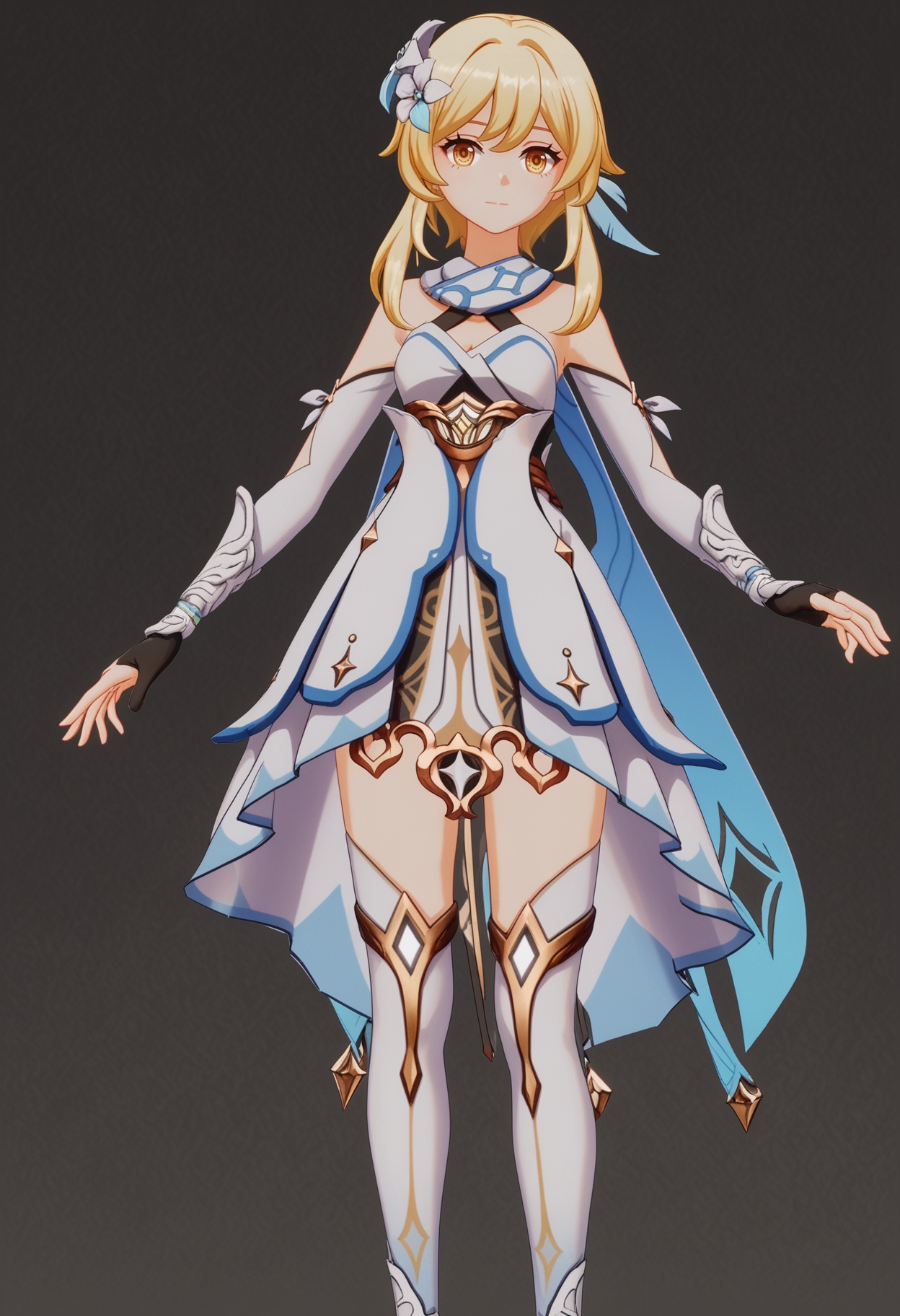 (standing full_body:1.1),score_9,score_8_up,masterpiece,(best quality),intricate details,facing viewer,(looking at viewer:1.1),<lora:YQ_pony_ying_V4:0.8>,q1528437228,1girl,solo,lumine (genshin impact),blonde hair,hair ornament,dress,hair flower,white dress,short hair with long locks,detached sleeves,yellow eyes,scarf,sidelocks,feather hair ornament,gloves,white thighhighs,boots,BREAKscore_9,score_8_up,masterpiece,(best quality),perfect anatomy,(hourglass),perfect face,(simple background,pure black background,black background:1.1),fair_skin,shiny_skin,Ivory_skin,