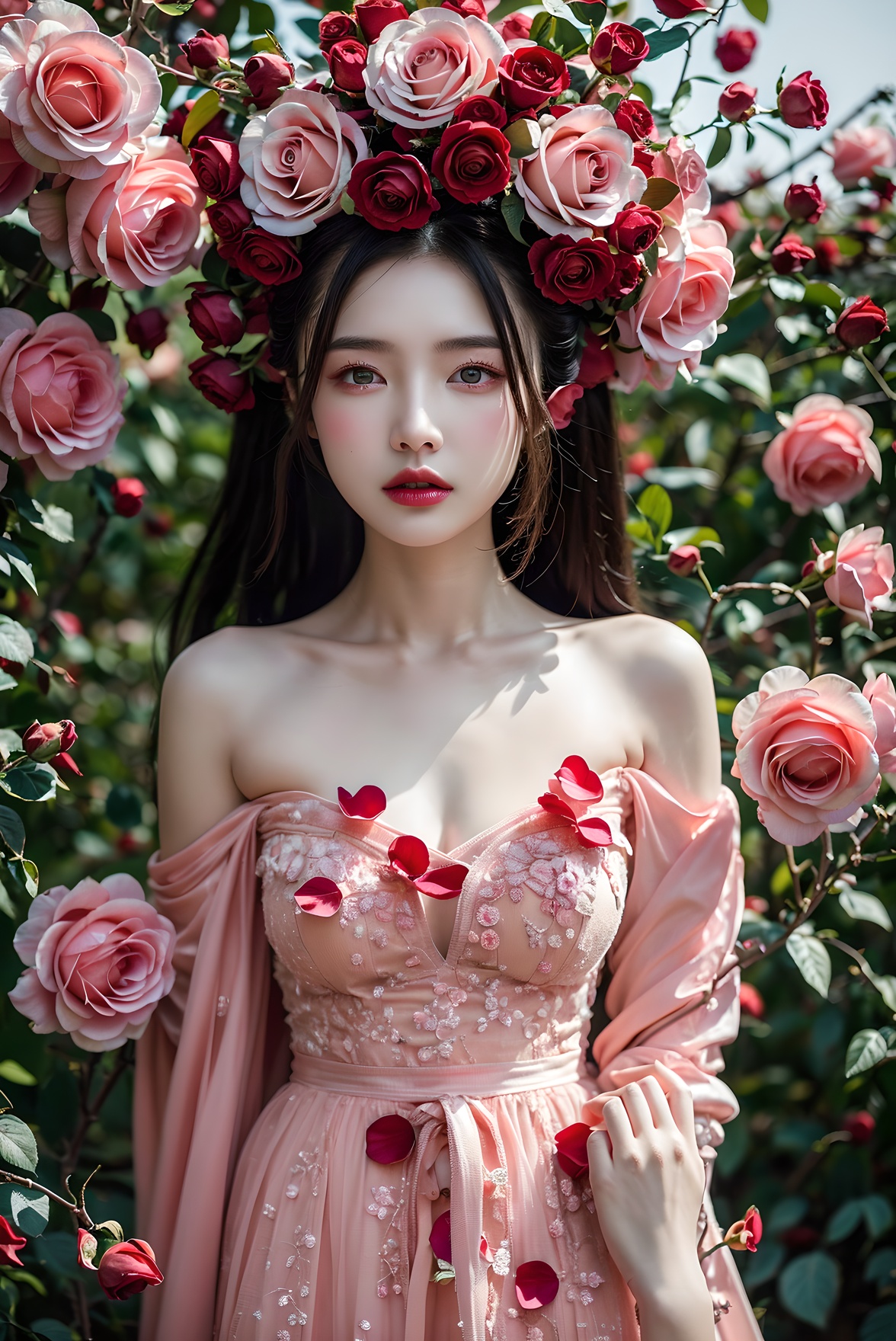 1girl,flower,solo,(Photography blockbuster:1.6),masterpiece,8k,rose,looking at viewer,makeup,red lips,long hair,red flower,petals,red rose,brown eyes,pink flower,lips,collarbone,lipstick, <lora:rose fashion:0.6>,