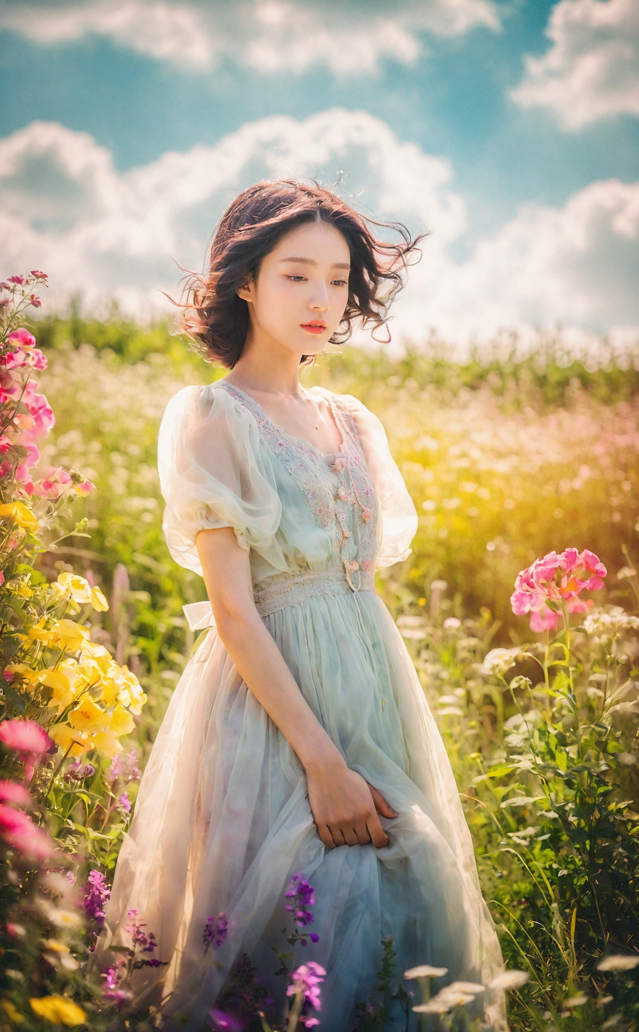 mugglelight,a lady in a vintage dress,standing in a meadow of luminescent flowers,soft sunlight filtering through dreamy clouds,surreal landscape,nostalgic charm.,korean girl,black hair,