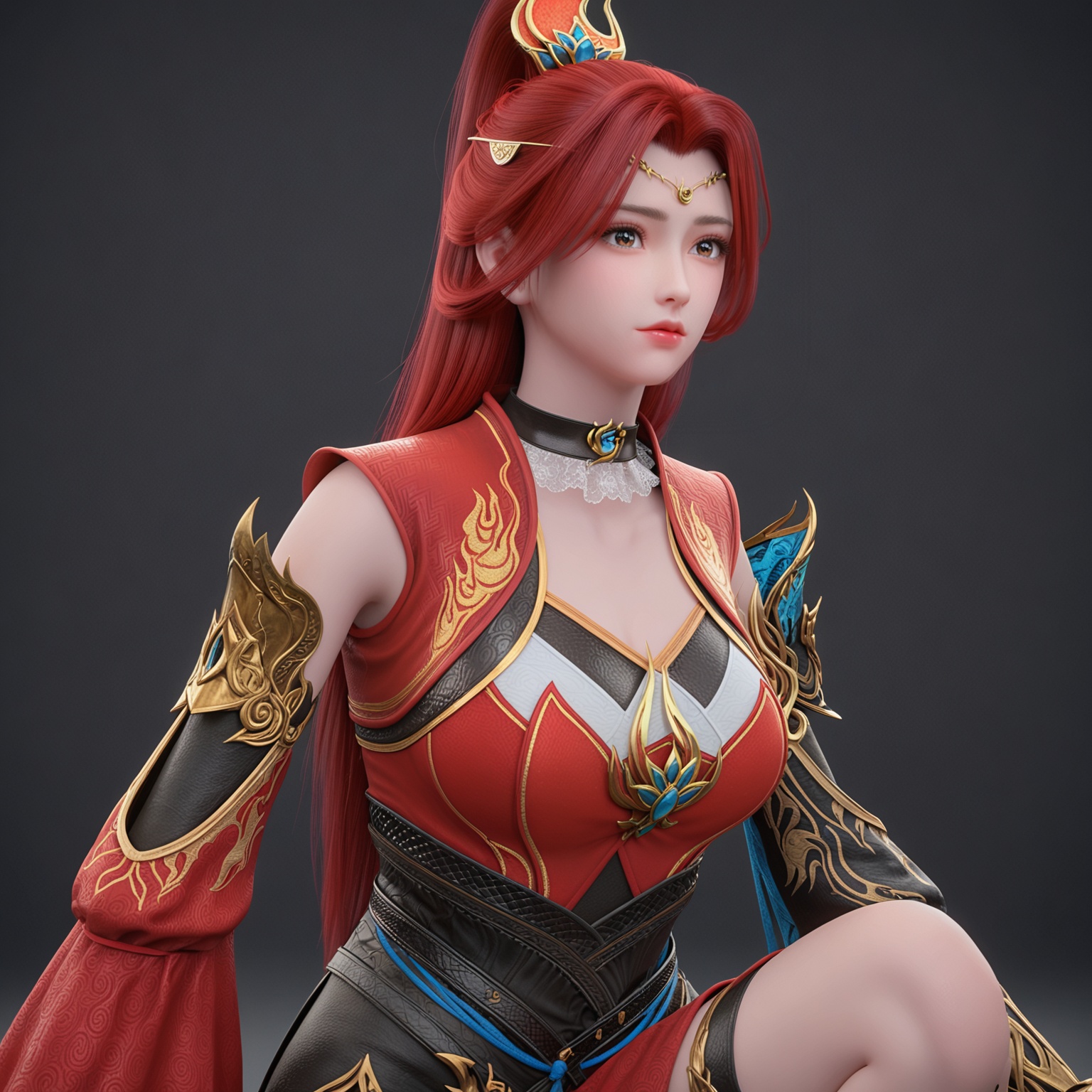 <lora:YQponytanghuoerV2:0.8>,1girl,q1528437228,solo,long_hair,red_hair,hair_ornament,red_dress,dress,choker,ponytail,chinese_clothes,sash,asymmetrical_sleeves,brown_eyes,detached_sleeves,brown_hair,jewelry,collar,boots,earrings,shiny,shiny_hair,clothing_cutout,long_sleeves,skirt,circlet,cleavage_cutout,hair_rings,thigh_strap,armor,bare_shoulders,blue_eyes,BREAK score_9,upper_body,portrait,shiny_skin,looking at viewer,cinematic lighting,volumetric lighting,solo focus,(huge breasts:0.9),(simple background,pure black background,black background:1.1),