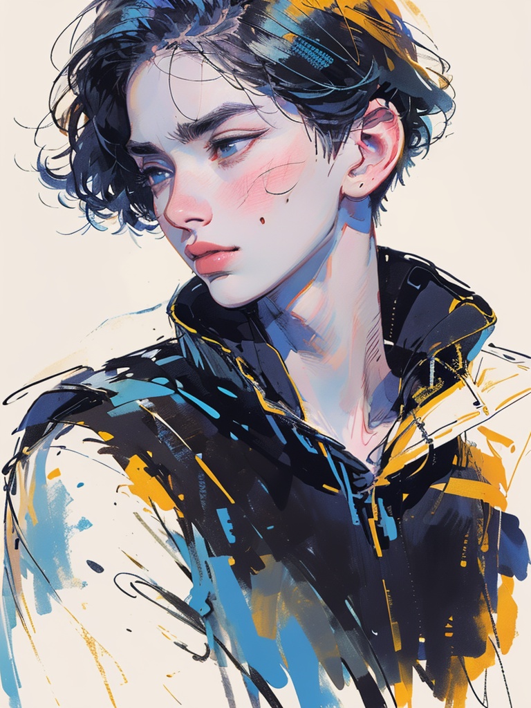 Chinese ink and wash,Chinese ink and wash,1boy,solo,Cool eyes,boyish face,male focus,white background,blue eyes,simple background,closed mouth,upper body,short hair,thick eyebrows,blue hair,white shirt,sketch,