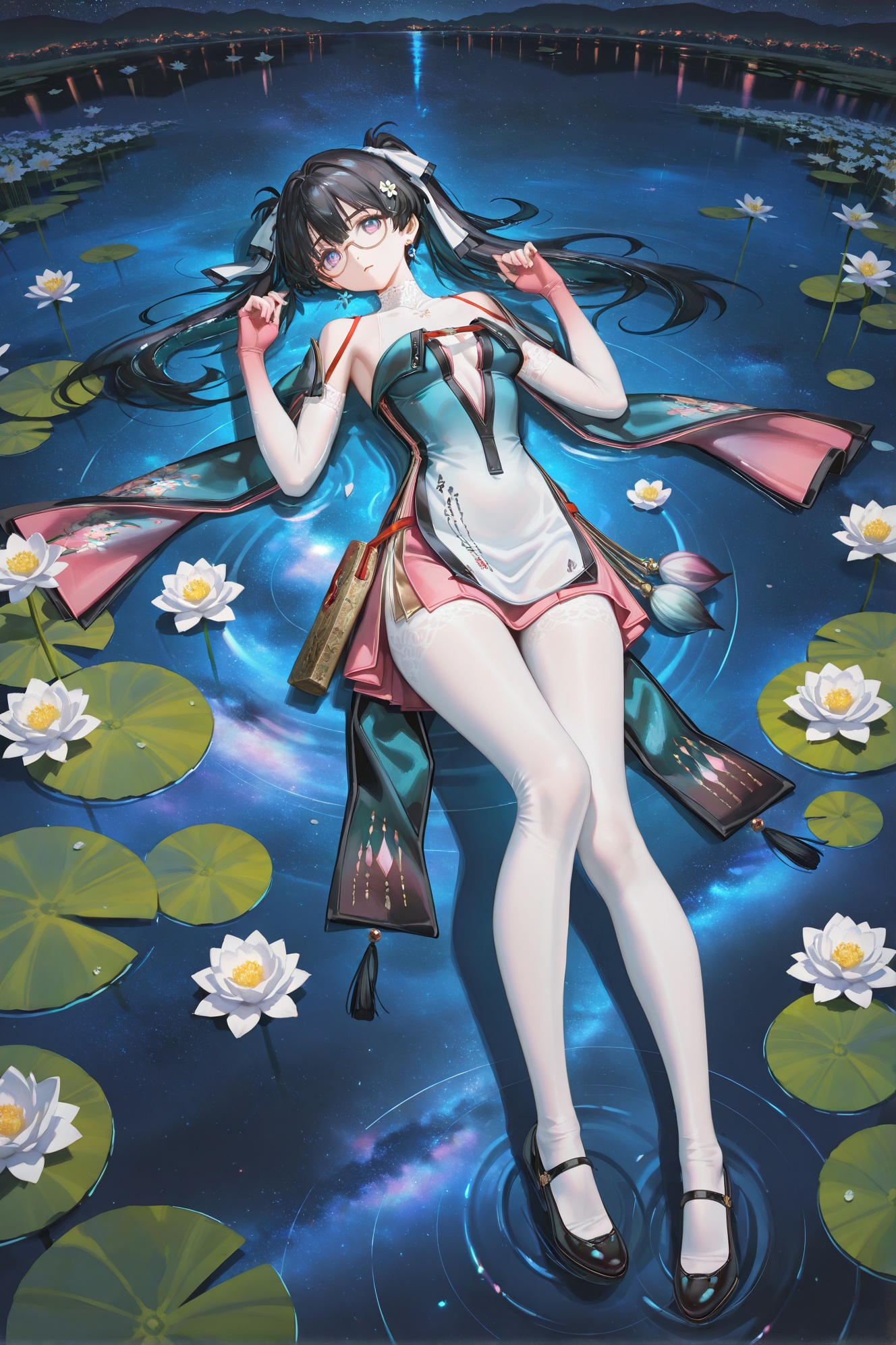 8k,best quality,masterpiece,(ultra-detailed),(high detailed skin),((artist:reoen), (artist:torino_aqua),year 2024:0.8)1girl,[artist:wlop],[artist:ningen_mame],artist:ciloranko,[[artist:rhasta]],artist:tidsean,artist:iumu,artist:nyarko,flowersky,night sky,full body,star \(sky\),night,flower field,starry sky,field,outdoors,white flower,lie on water,float on water,Lake lotus pond,Soaked,lying,<lora:zhezhi-ill-Tanger:0.8>,zhezhi,default clothes,white pantyhose,1girl,long hair,black hair,glasses,twintails,dress,black footwear,