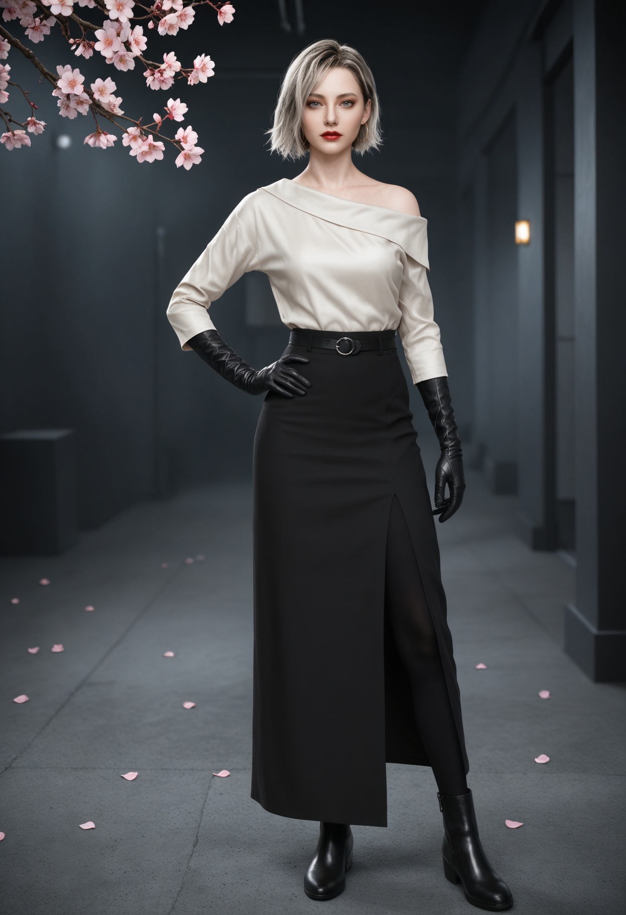 (standing full_body:1.1),(looking at viewer:1.1),masterpiece,(best quality),smog,Dark room,dim lighting,peach blossom,falling petals,<lora:YQ_Illustrious光辉v5_格蕾丝_V1:0.8>,q1528437228,solo,1girl,short hair,shirt,earrings,jewelry,blonde hair,gloves,black gloves,white shirt,grey eyes,hoop earrings,skirt,grey hair,red lips,black skirt,belt,long sleeves,long skirt,brown eyes,pants,black footwear,black hair,boots,elbow gloves,lipstick,blue eyes,multicolored hair,off-shoulder shirt,