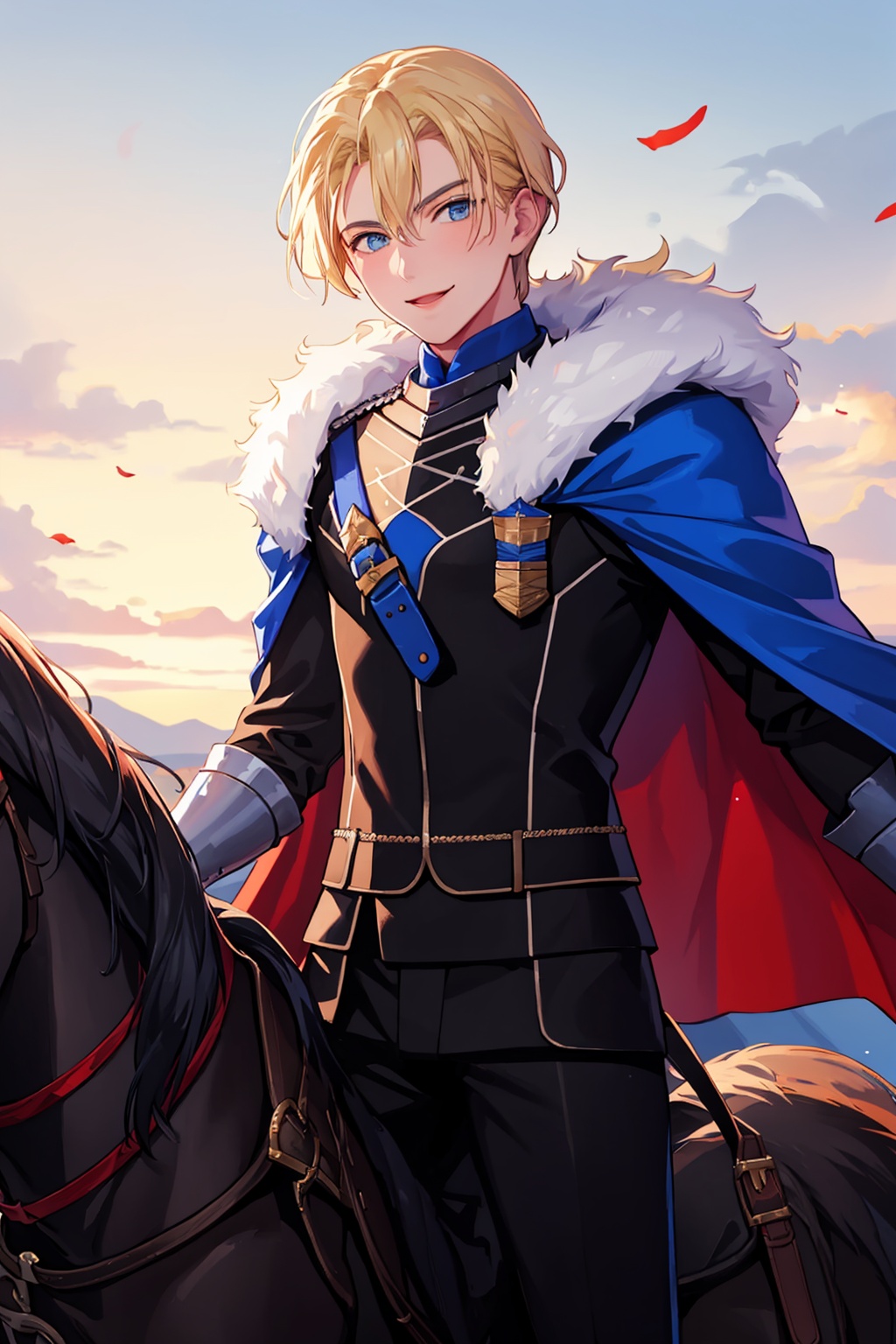 masterpiece,best quality, highly detailed, dimitri alexandre blaiddyd, armor, 1boy, male focus, fur trim, horse, horseback riding, solo, twitter username, blue cape, smile, red cape, gloves,<lora:dimitri_alexandre_blaiddyd:1>