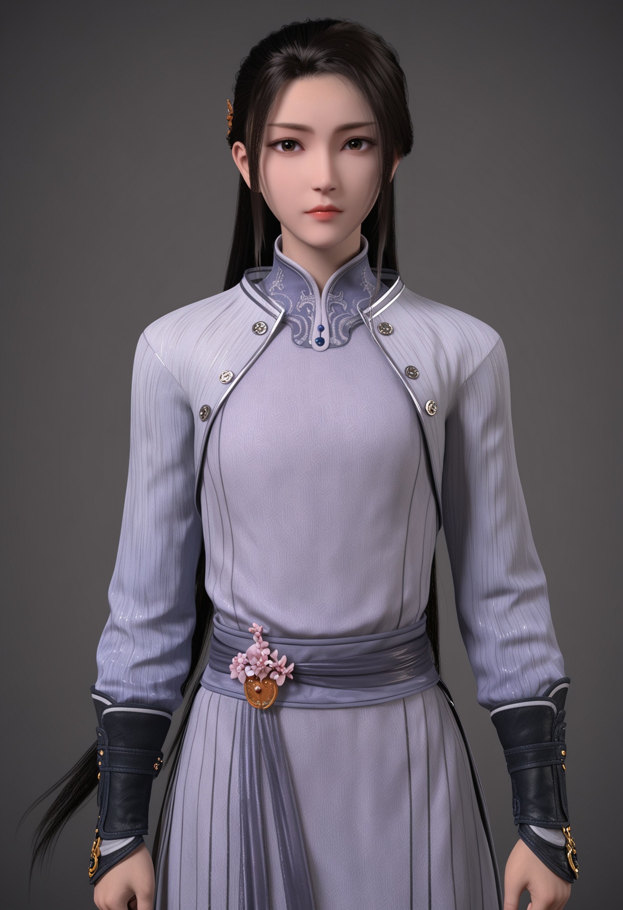 (looking_at_viewer:1.2),(upper_body:1.2),<lora:YQ_pony_lihanyi_V5:0.8>,q1528437228,solo,black hair,long hair,1girl,chinese clothes,long sleeves,brown hair,brown eyes,black eyes,hair ornament,dress,black footwear,jacket,half updo,sash,arm guards,china dress,simple background,pure black background,