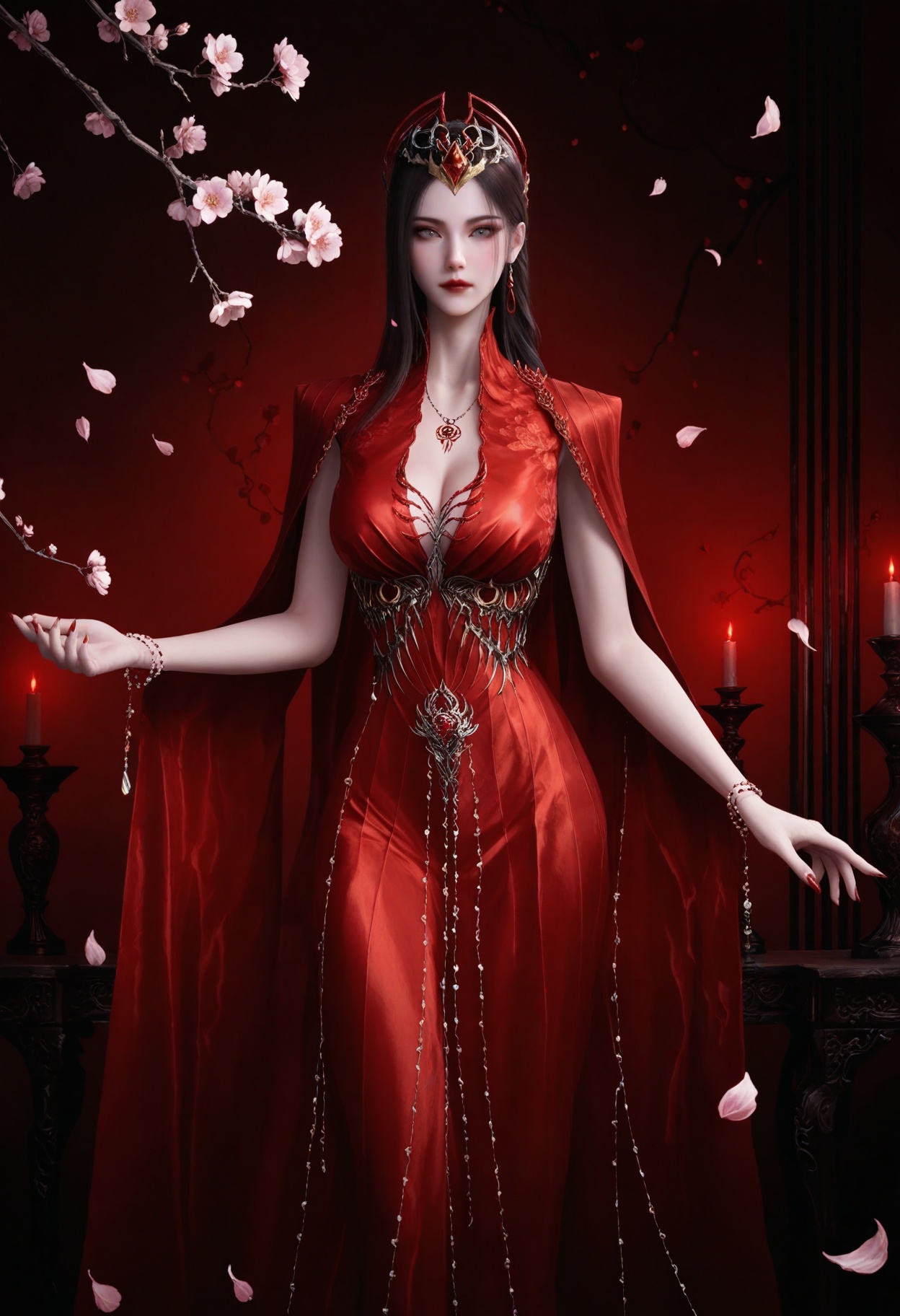 (looking at viewer:1.1),upper body,(Dark room:1.3),(moody lighting:1.1),peach blossom,falling petals,(large breasts:0.8),yexishui,1girl,solo,long hair,jewelry,red dress,dress,brown hair,closed mouth,realistic,hair ornament,earrings,cape,grey eyes,necklace,bracelet,red lips,high heels BREAK masterpiece,(best quality),(intricate details:0.9),(realistic skin:1.2),<lora:QQSillyexishuiV1:0.8>,
