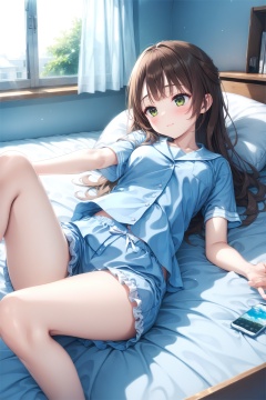 (masterpiece),(best quality),illustration,ultra detailed,hdr,Depth of field,(colorful),artist roha, 1girl, brown hair, phone, cellphone, solo, pillow, indoors, smartphone, on bed, green eyes, long hair, shirt, bangs, bed sheet, curtains, short sleeves, shorts, blush, school uniform, serafuku, pajamas, frills, window, bed, closed mouth, sunlight, white shirt, frilled shorts, blue shirt, outstretched arm,lying,day