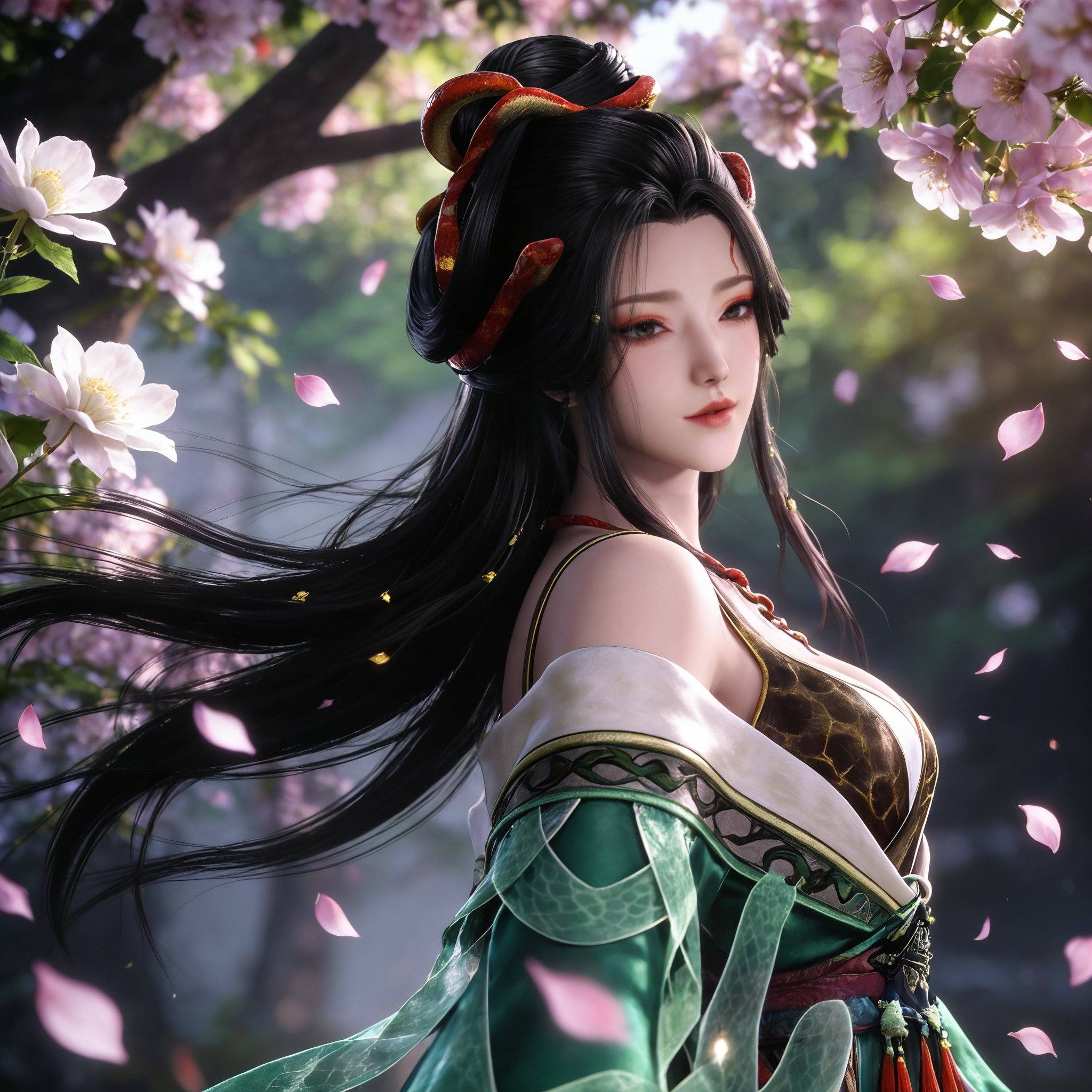 score_9,<lora:牧神记-龙娇男Pony:0.8> 1girl,solo, long hair, black hair, hair ornament, hair bun,necklace, bare shoulders, chinese clothes, breasts, green dress, off shoulder, sash, upper body,from side,flower,falling petals,