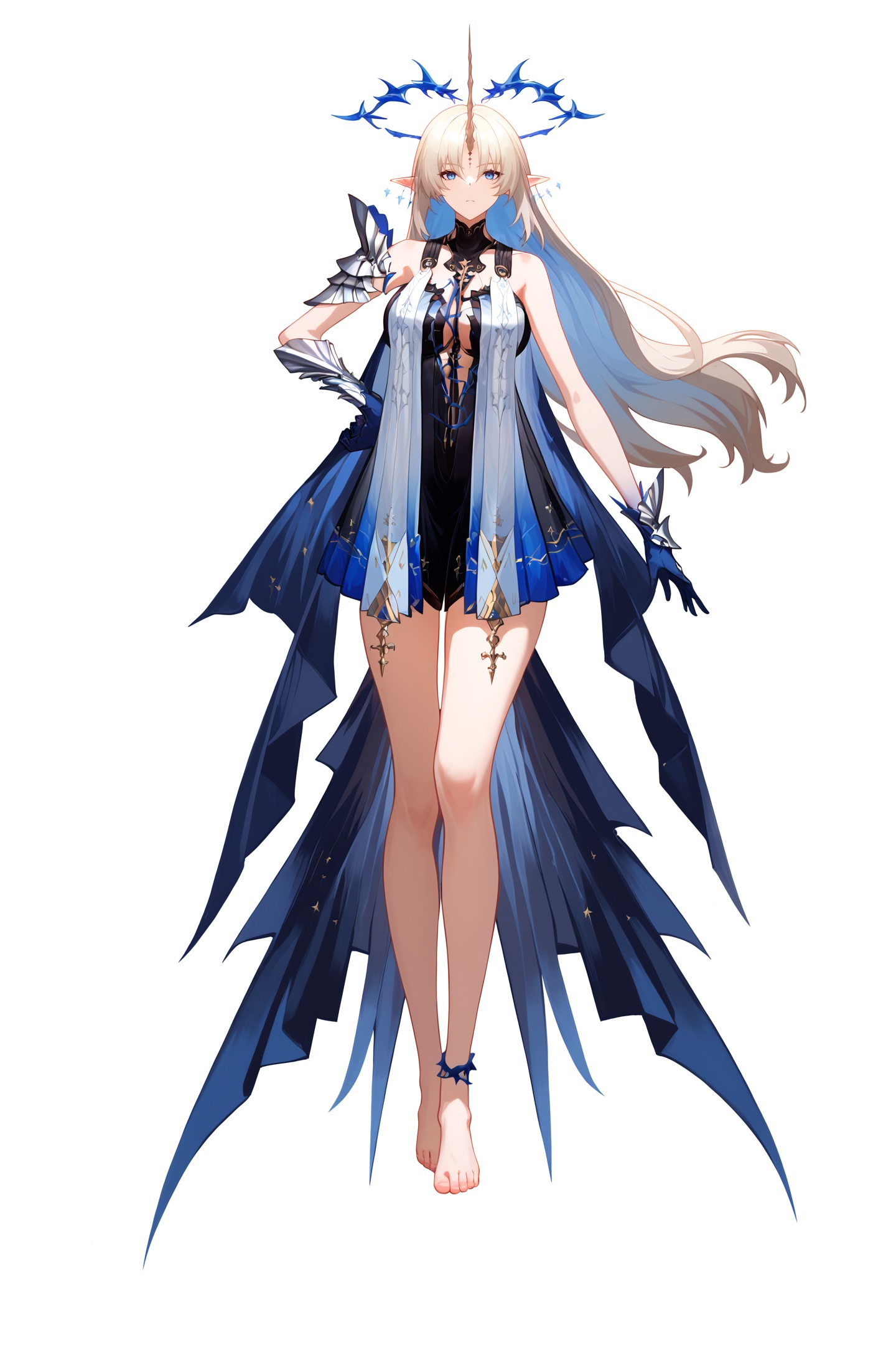 score_9,score_8_up,score_7_up,score_anime,8k,best quality,masterpiece,(ultra-detailed),(high detailed skin),(by nanoless, by misumi \(macaroni\),:0.5),<lora:YLI 0.1v:0.25>,<lora:style1:0.25>,A full-body portrait of a young girl,standing gracefully,pastel art style,high-key lighting,shoujo manga influence,hd quality,delicate details,full body,full shot,standing,looking at viewer,(solo:1.2),simple background,white background,hand on own hip,<lora:Cartethyia&Fleurdelys-pony-Tanger-000019:0.8>,Fleurdelys \(wuthering waves\),clothes: Fleurdelys ***** style clothes,large blue levitating spiked circlet,Fleurdelys white and black dress,forehead mark with forehead horn,blue long detached train clothes,1girl,long hair,pointy ears,barefoot,jewelry,mature female,
