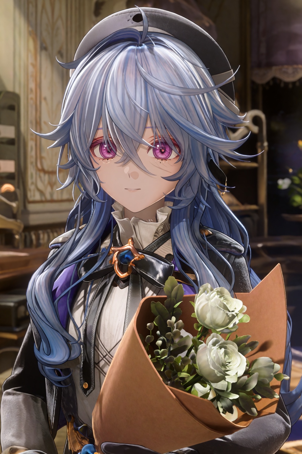 A half-body shot of a female character with long,  wavy light blue hair,  messy bangs on Tensor.Art