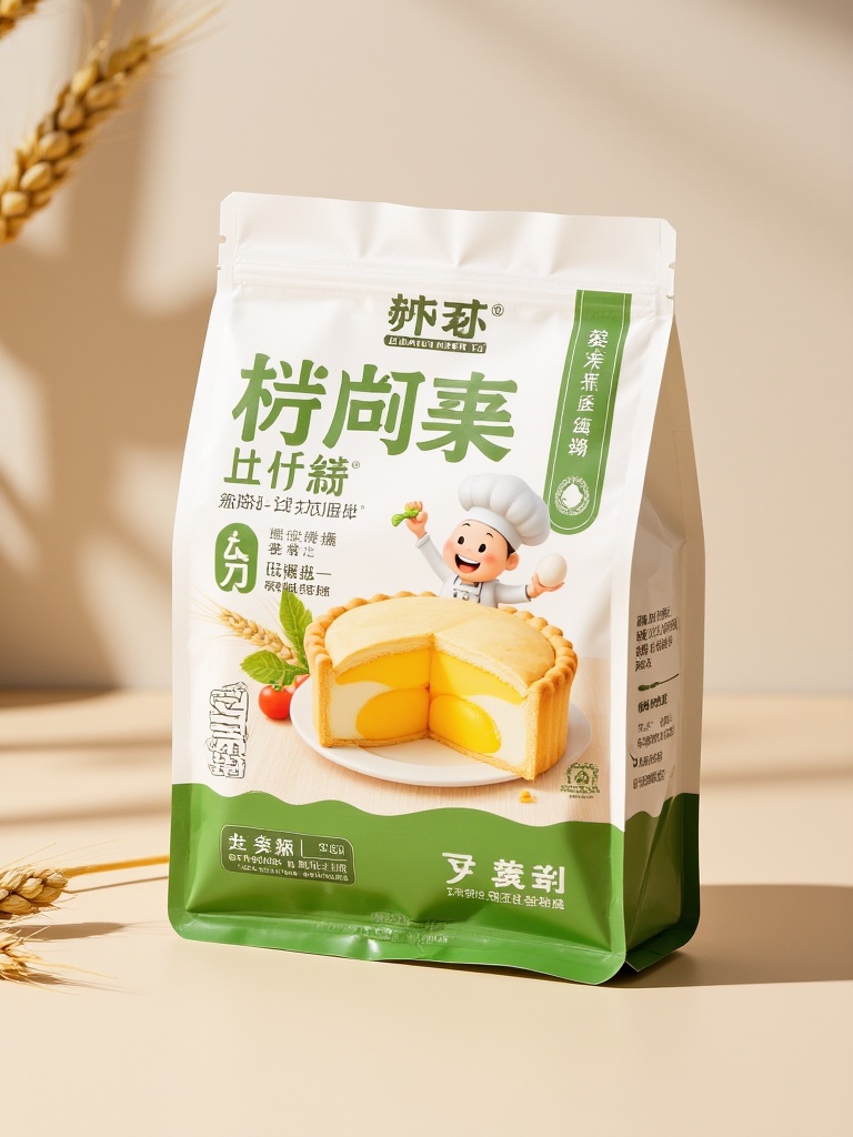sz,a food packaging for "Egg Yolk Pie," featuring a cartoon chef and a slice of pie with a sunny-side-up egg yolk. The packaging is white and green, with Chinese characters and English text. Background includes a light beige surface and blurred wheat stalks, adding a farm-to-table feel.<lora:S-T-包装设计_S1.6:1>