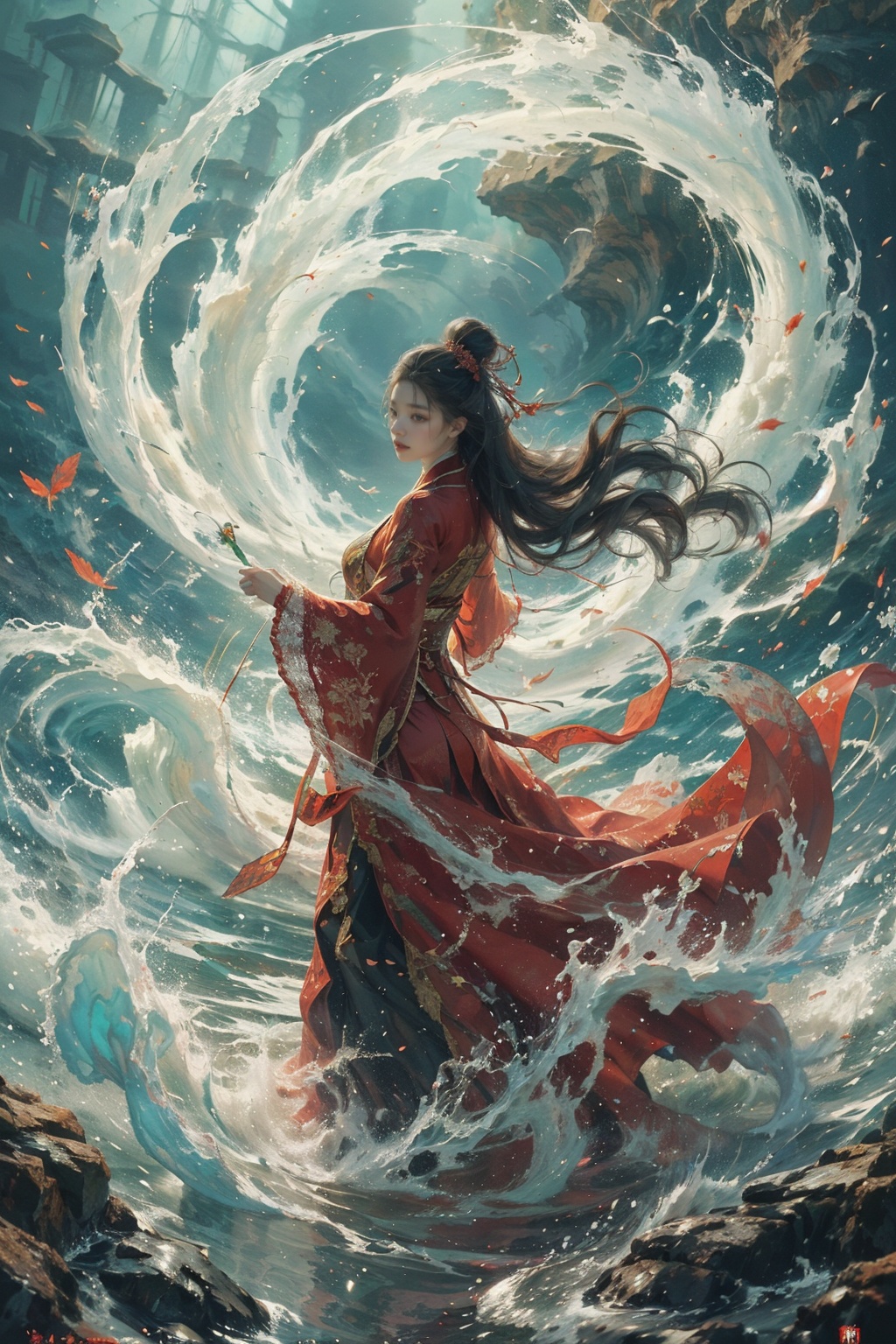 haifeisiv6,  painting of a woman in a red dress standing in the water,  feng zhu concept art on Tensor.Art