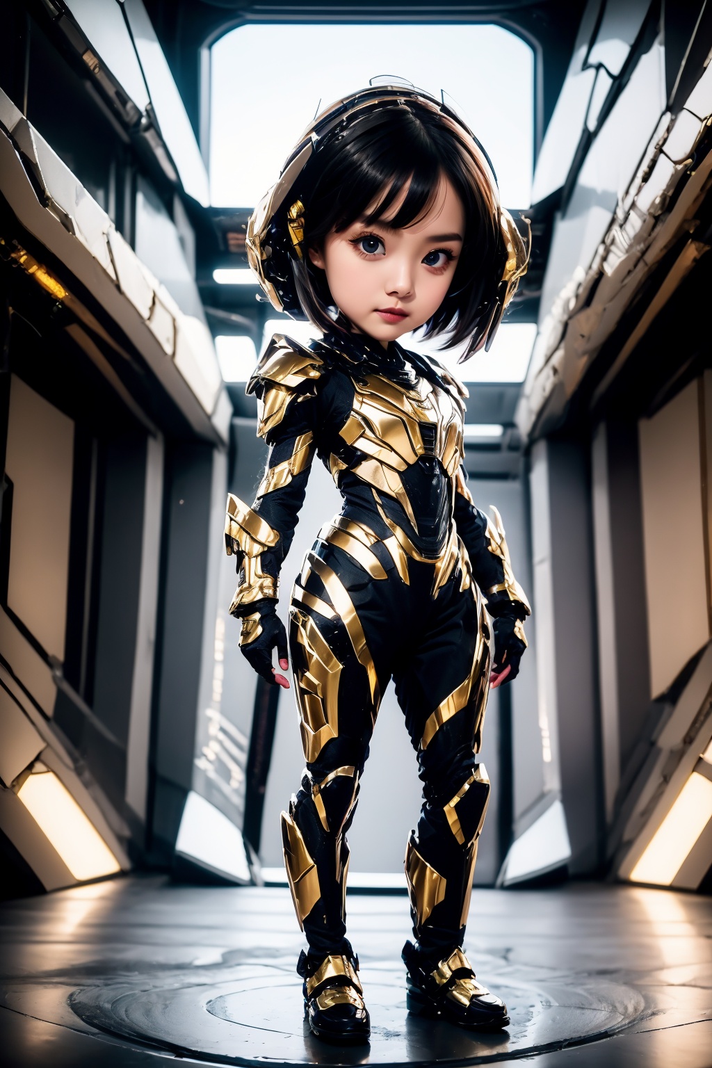 1girl, looking at viewer, black hair, science fiction, armor, lips, standing, cowboy shot, power armor, closed mouth, grey eyes, blue eyes, brown hair, arms at sides, bob cut, chibi, full body,
