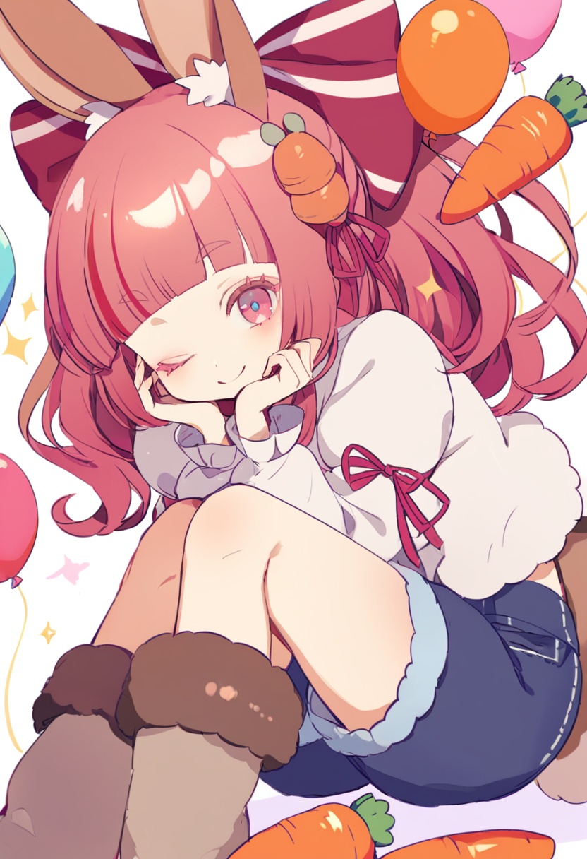 masterpiece, best quality,1girl,   animal ears, one eye closed, hair ornament, shorts, food-themed hair ornament, ribbon, boots, rabbit, solo, smile, carrot hair ornament, pink hair, rabbit ears, red ribbon, long hair, animal, head rest, bow, tail, hair ribbon, sparkle, blue shorts, black shorts, closed mouth, blush, fur-trimmed boots, balloon, bangs, fur trim, hair bow, ;\), pink ribbon, animal ear fluff, puffy shorts, long sleeves, rabbit tail, artist name, red bow, blunt bangs, squirrel, rabbit girl, squirrel tail, shirt, knees, pink eyes, white shirt, red hair, eyelashes, turtleneck, looking at viewer <lora:yumenouchiXLlokr-000049:1>