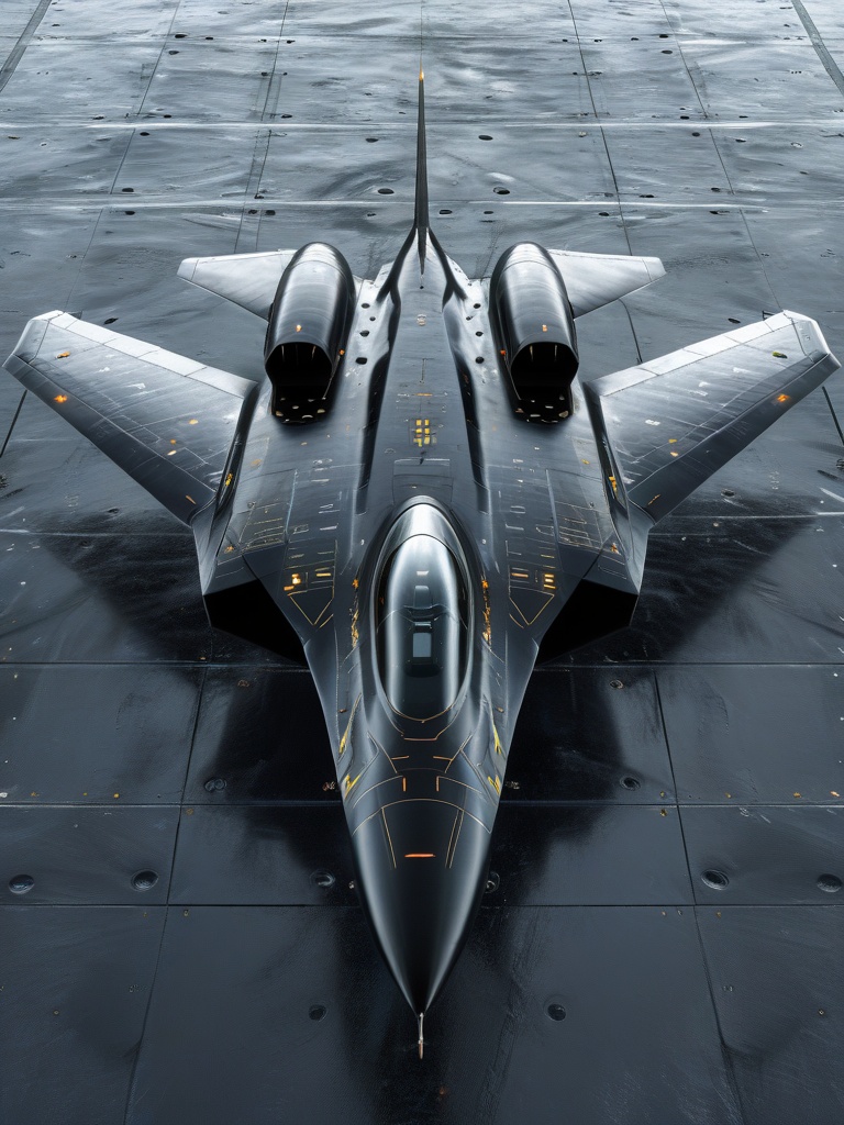 ananzdj,jet,vehicle focus,fighter jet,black aircraft carrier deck,black fighter jet,no humans,science fiction,from above,spacecraft,realistic,