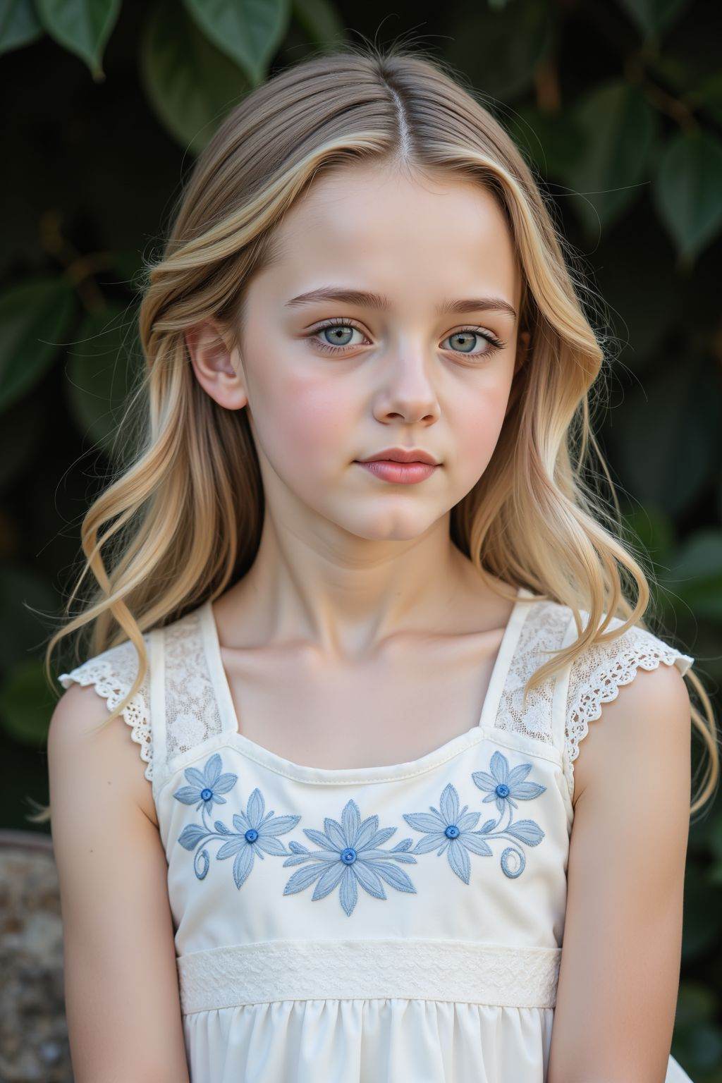 This photograph features a young girl with fair skin and long wavy blonde hair styled in a loose, elegant manner. She wears a sleeveless, white dress adorned with delicate blue floral embroidery and lace detailing on the shoulders. Her expression is serene and slightly pensive. The background is softly blurred, showcasing dark green foliage, hinting at an outdoor setting. The lighting is soft, highlighting her smooth skin and the intricate details of her dress. The overall aesthetic is sophisticated and romantic.