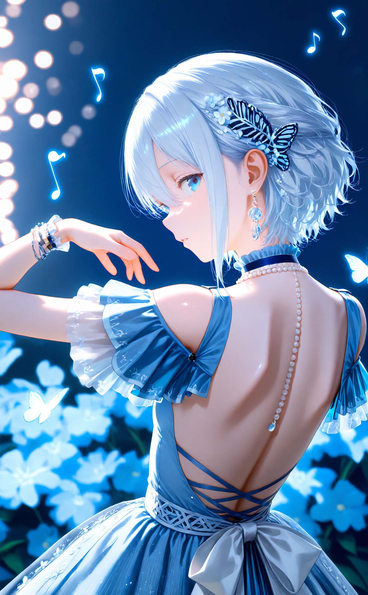 masterpiece,very aware,(highres),absurdres,newest,best quality,high quality,loli,petite,chromatic_aberration,white_background,//,1girl,hair ornament,dress,blue dress,frills,blue theme,yoisaki kanade,butterfly hair ornament,looking at viewer,flower,heart,blue eyes,frilled dress,hair flower,musical note,solo,jewelry,parted lips,official alternate hairstyle,earrings,short hair,choker,shoulder blades,short sleeves,pearl (gemstone),frilled sleeves,wavy hair,blue choker,white hair,blue flower,beads,cross-laced clothes,hair between eyes,hand up,official alternate costume,from behind,official alternate hair length,glitter,eighth note,sideways glance,back,bare back,blue background,median furrow,pearl earrings.,//,year_2023,year_2024,//,official art,depth of field,detailed light,blurry background,best shadow,shiny skin,cinematic lighting,ray tracing,amazing quality,very aesthetic,absurdres,beast quality,ultra detailed,newest,8K,HDR,<lora:test2:0.4>,