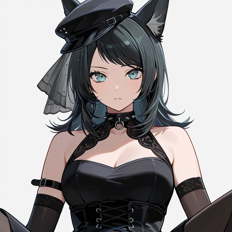 masterpiece, best quality,solo,(white background:1.2),simple background,1girl,looking at viewer,       Yahata Umiri,black hair,long hair,blue eyes,bangs,swept bangs,breasts,shirt,gloves,animal ears,tail,boots,shorts,black gloves,black footwear,dog ears,hat,dress,elbow gloves,black dress, , sleeveless dress,veil<lora:舟海-ill1:0.8>