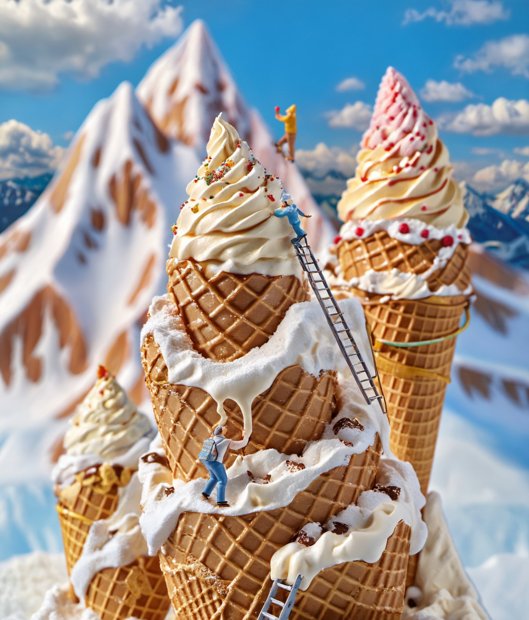 <lora:鼻涕泡_微缩王国_V1.0:0.9>,highly detailed,ultra-high resolutions,32K UHD,best quality,masterpiece,tao,chi,snow,outdoors,blurry,day,food,A person stands atop a towering ice cream cone,set against a backdrop of snowy mountains,with a ladder in hand,symbolizing the climb of life's sweet treats.,